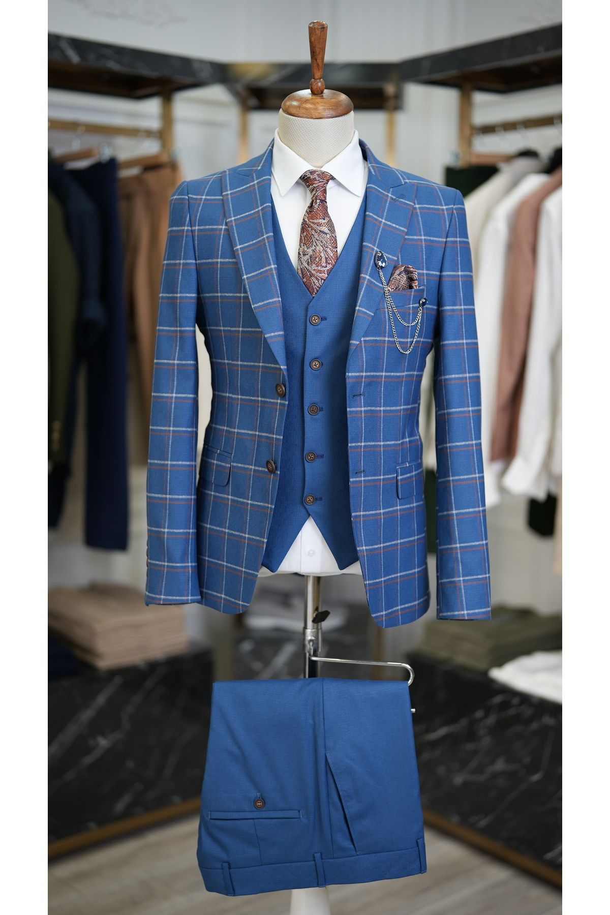 LONATOLİA Erkek Ekoseli Takım Elbise İtalyan Kesim Ceket Yelek Pantolon Slim Fit- Mavi