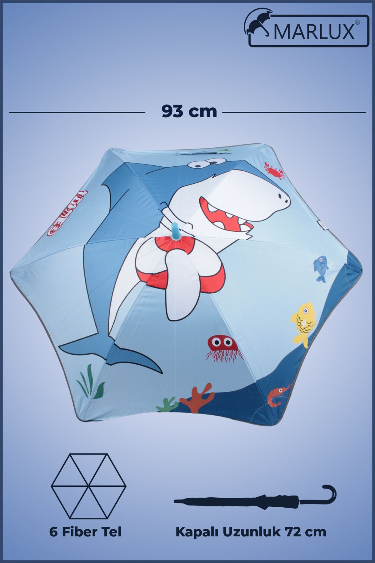 Marlux Fiber 6 Telli Dayanıklı Özel Tasarım Çocuk Şemsiyesi Sevimli Balık Desenli Mar1099