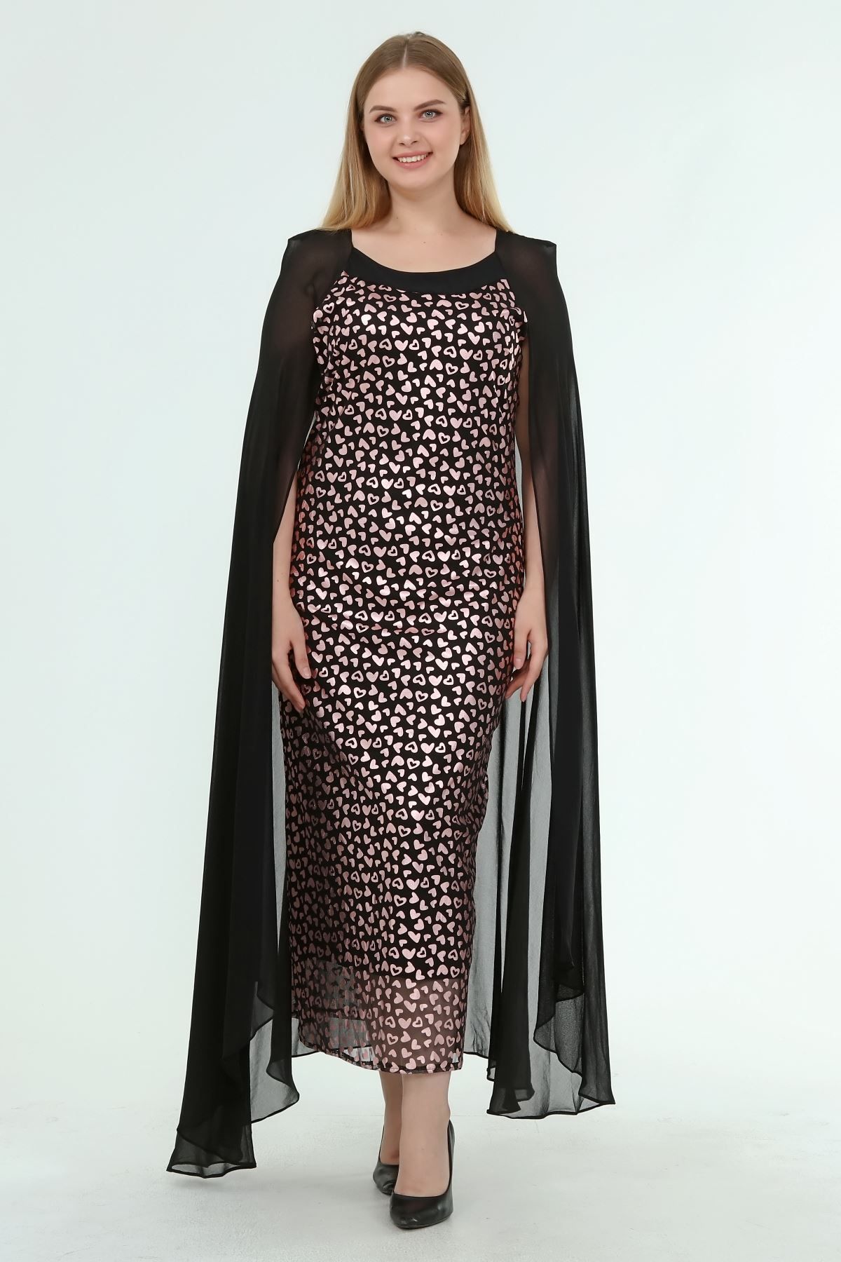 Modayız Kadın Büyük Beden Siyah Desenli Pelerinli Gece Elbisesi A1-4053