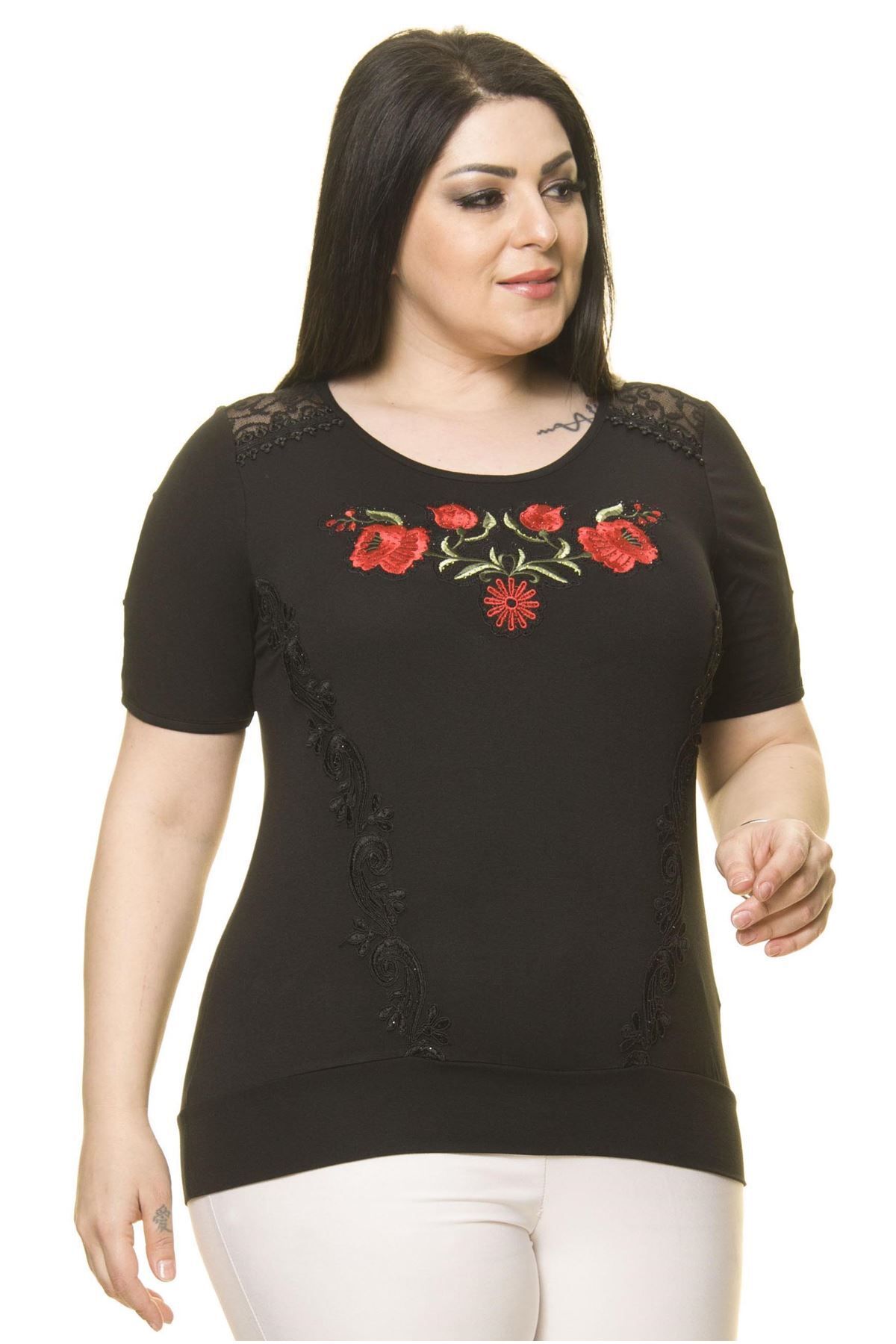 Modayız Kadın Büyük Beden Siyah Nakışlı Bluz A2-3007-1