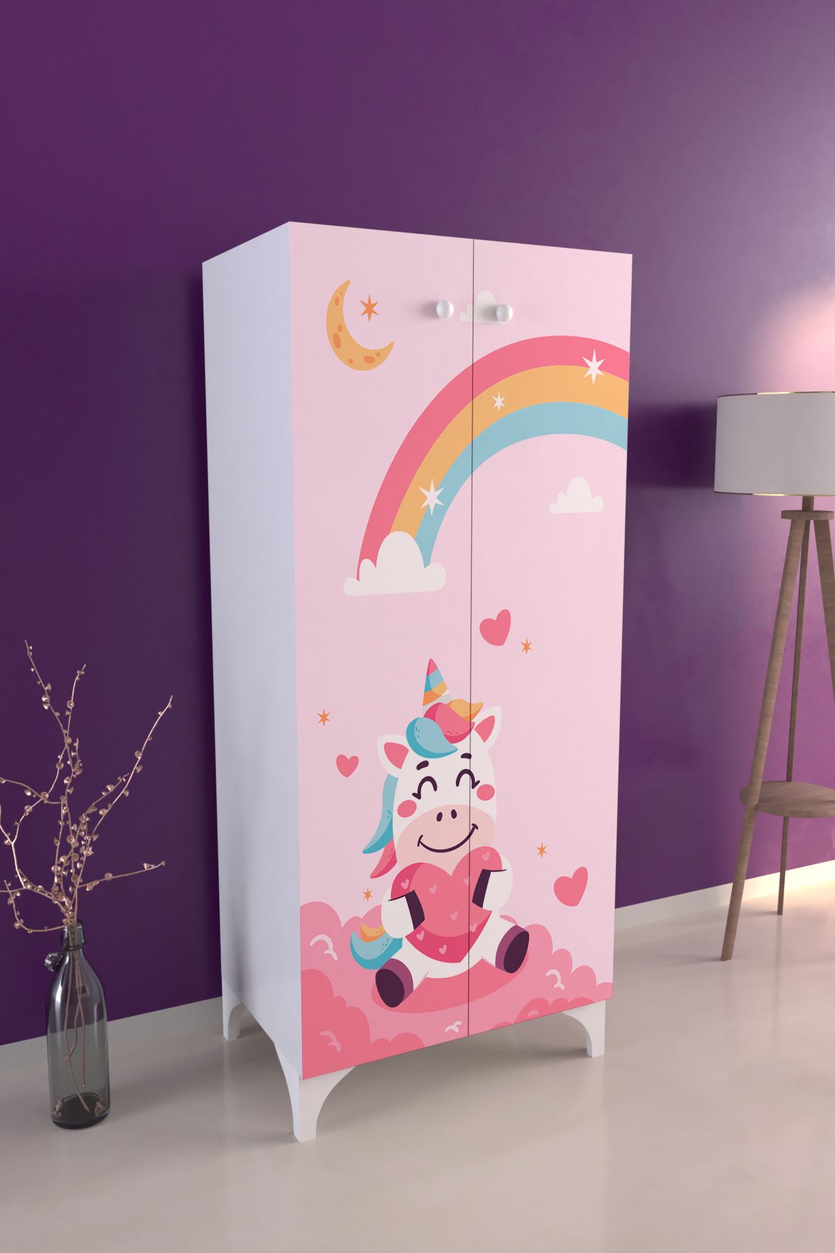 Hediyeler Kapında Çocuk Odası Unicorn Dreams Beyaz Dolap 3 Raflı Çok Amaçlı Baskılı Oyuncak Dolabı