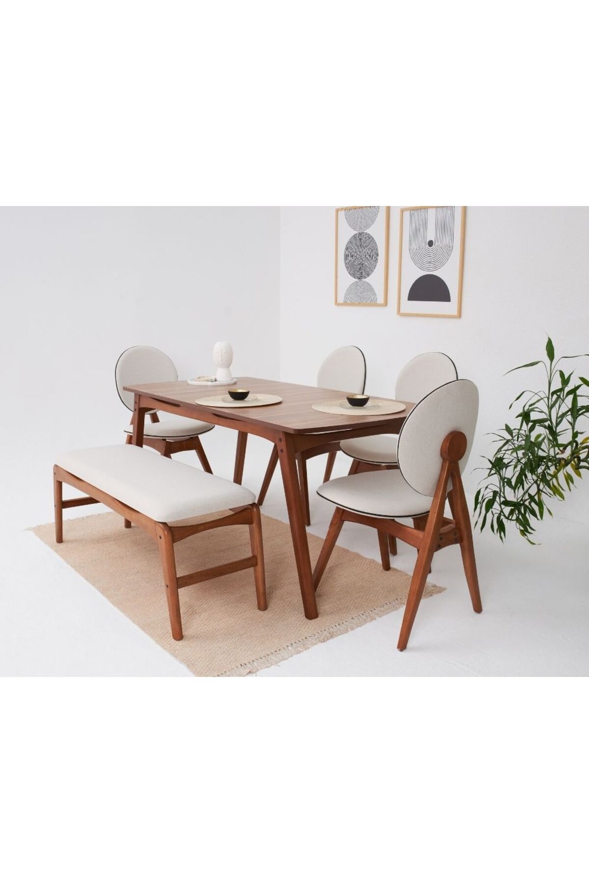 VOWTURKEY Touch Iskandinav 4 Sandalye 1 Bank Mutfak Salon Ceviz Iskelet Yemek Masası Takımı