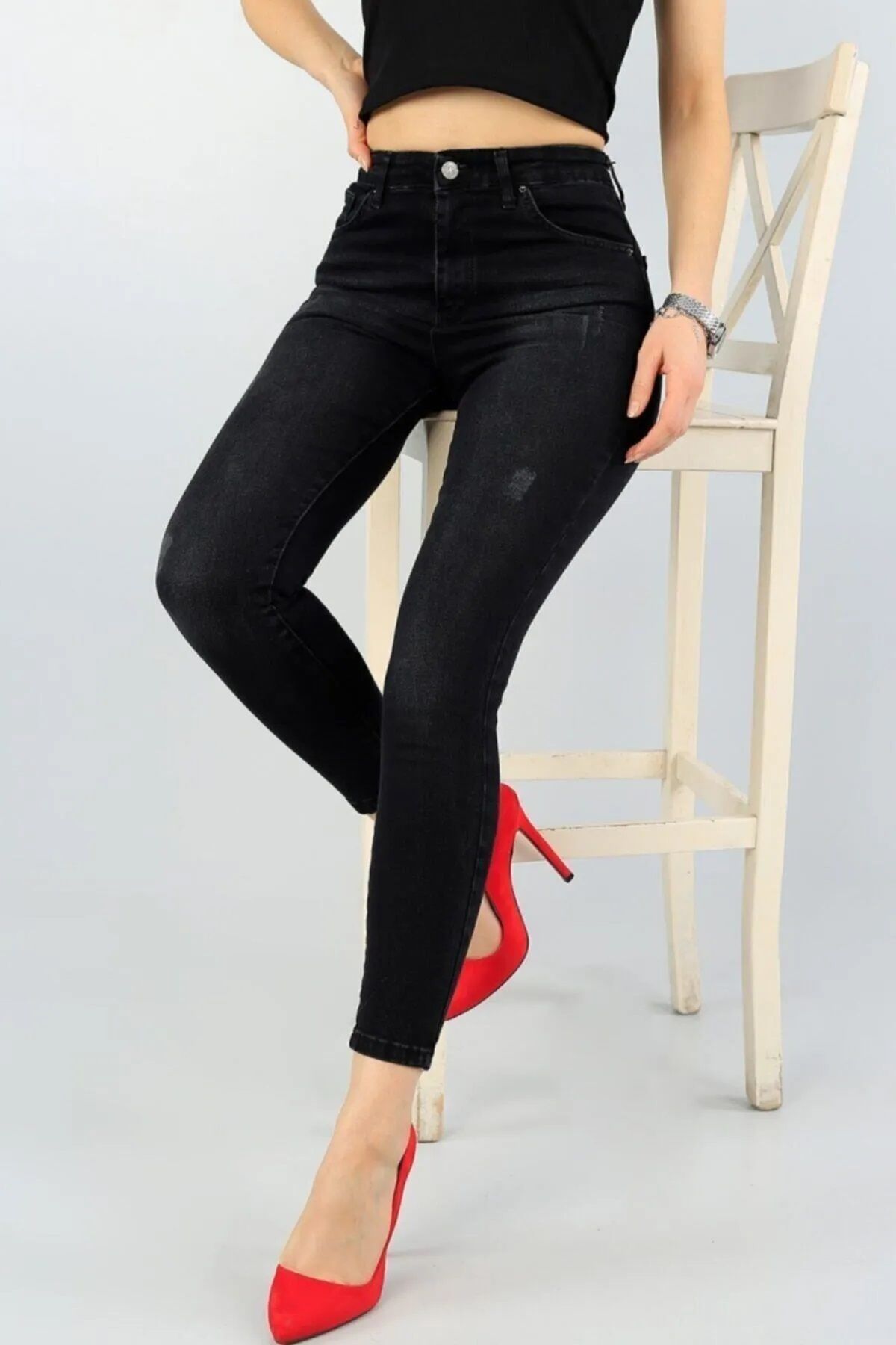 Lixera Siyah Tırnaklı Taşlamalı Likralı Yüksek Bel Süper Skinny Jeans Pantolon