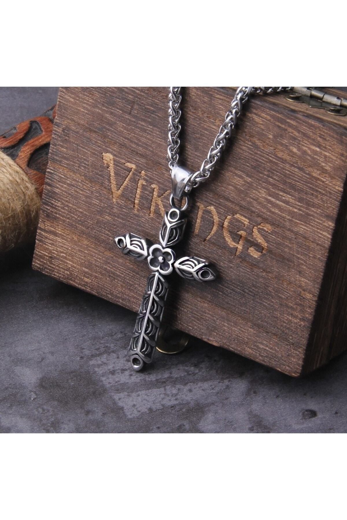 Viking Crucifix Athelstan Vintage Haç Gotik Çarmıh Örgü Zincir Erkek 316l Çelik Kolye