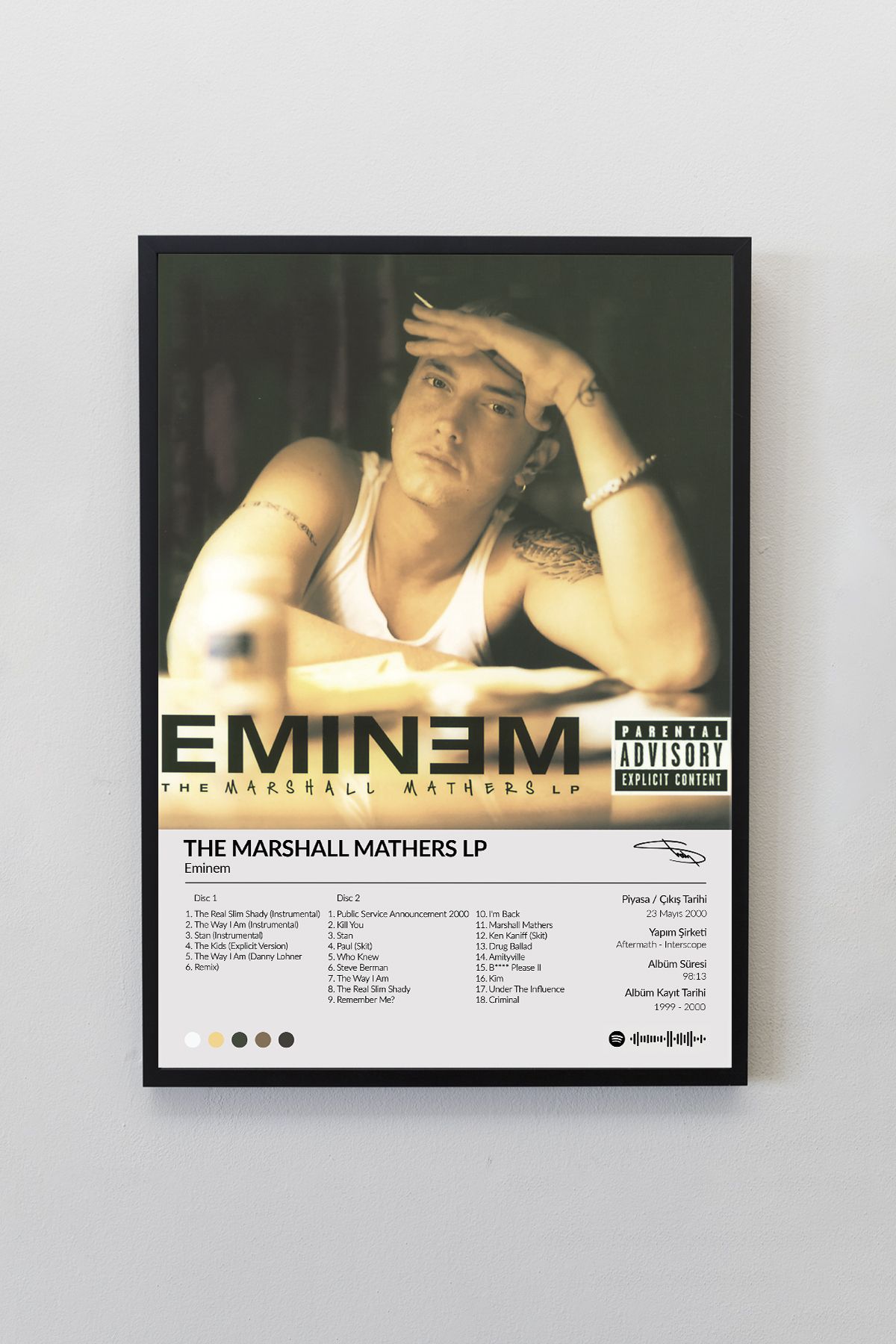 House Gorgeous Eminem The Marshall Mathers Lp Albümü Siyah Çerçeveli Spotify Barkodlu Albüm Poster Tablo