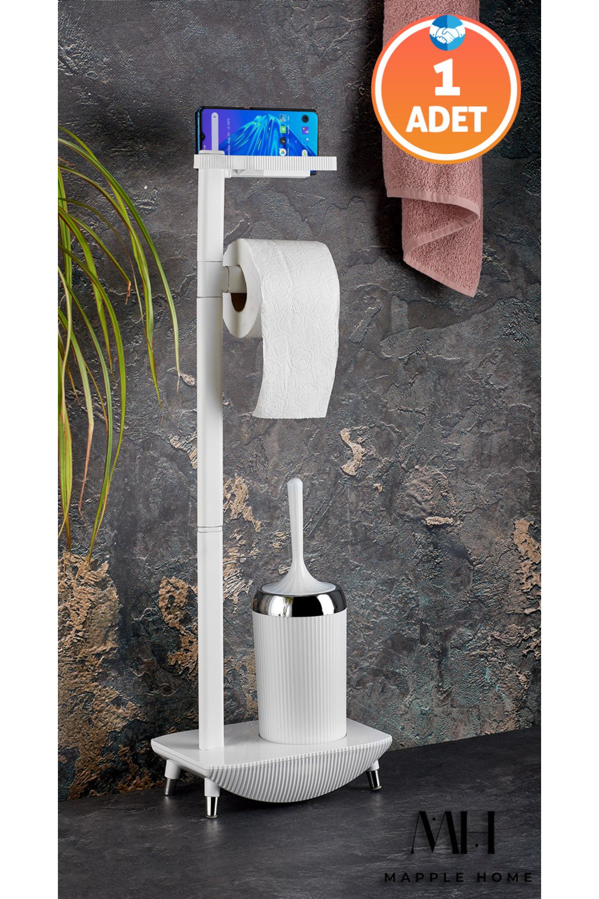 Mapple Home Ayaklı Wc Set Tuvalet Fırçalı Alüminyum Kaplamalı Silikon Fırçalı Telefon Tutuculu Banyo Seti Beyaz