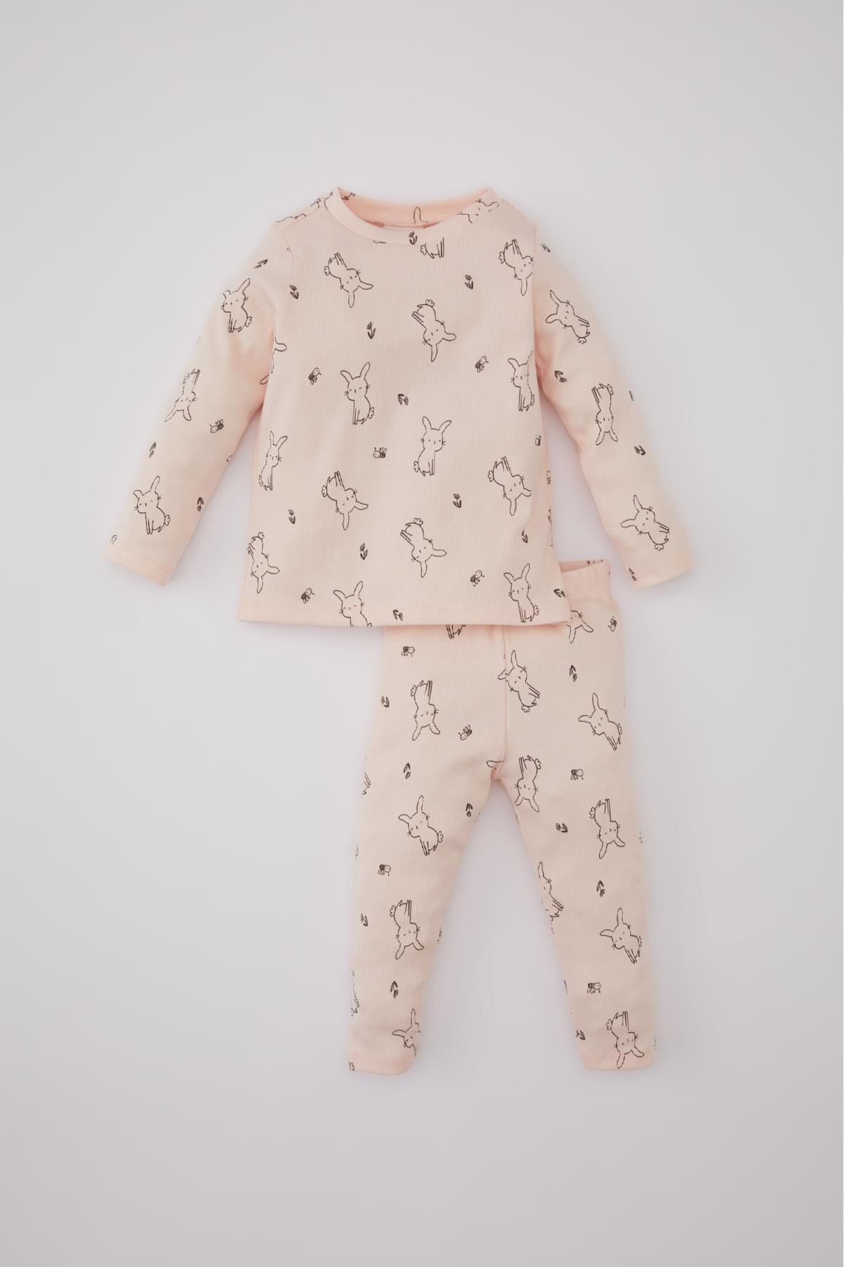 Defacto Kız Bebek Tavşan Baskılı Uzun Kollu Fitilli Kaşkorse Pijama Takımı