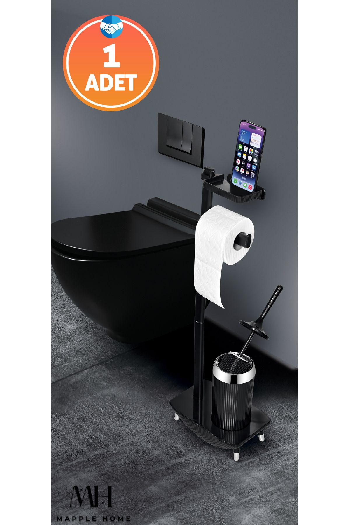 Mapple Home Wc Set Tuvalet Fırçalı Alüminyum Kaplamalı Silikon Fırçalı Telefon Tutuculu Banyo Seti Siyah Renk