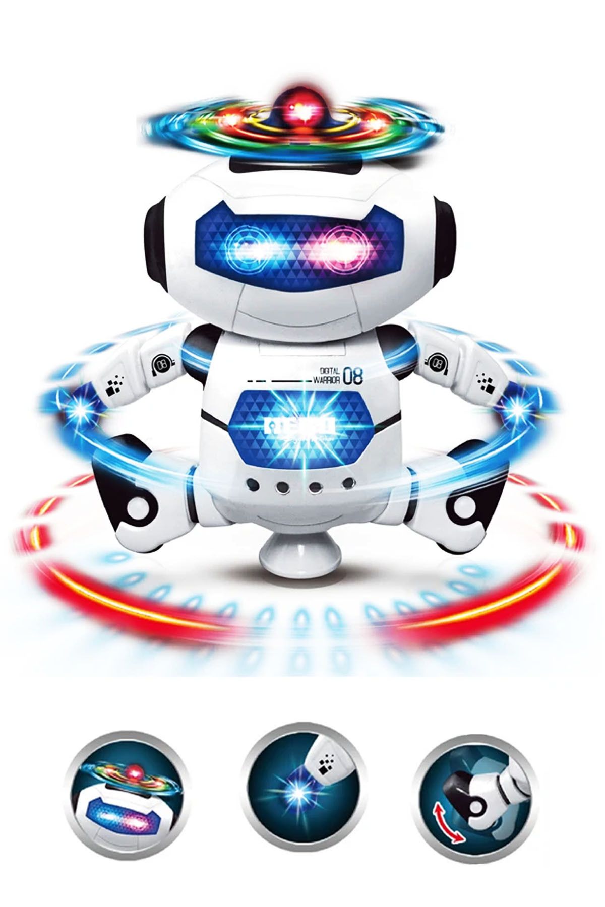 Soillium 360 Derece Dönebilen Işıklı Sesli Dans Eden Oyuncak Robot Pervaneli Oyuncak Robot Hareketli Pilli