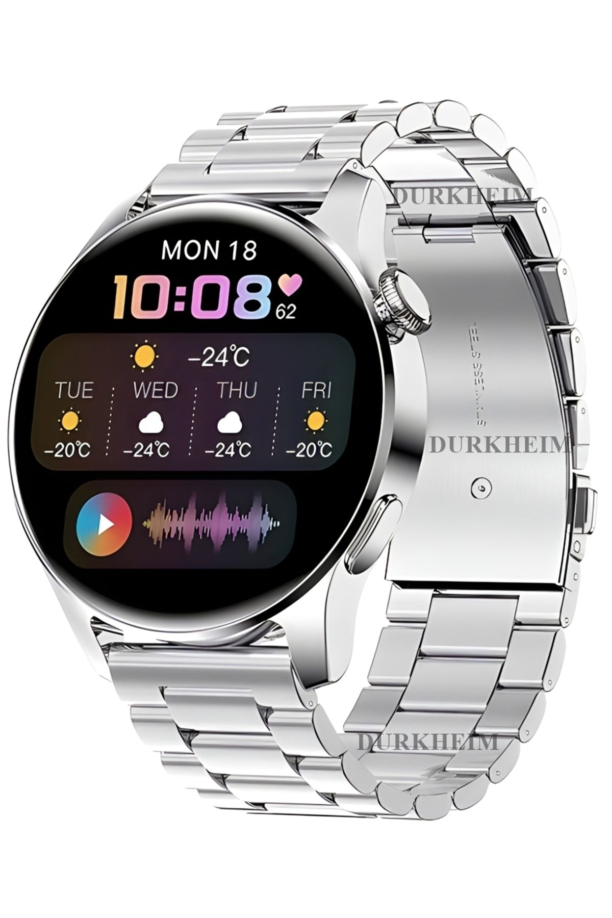 DURKHEİM Sport Akıllı Saat Yuvarlak Kasa Çelik Kordonlu Smart Watch Apple ve Android Uyumlu