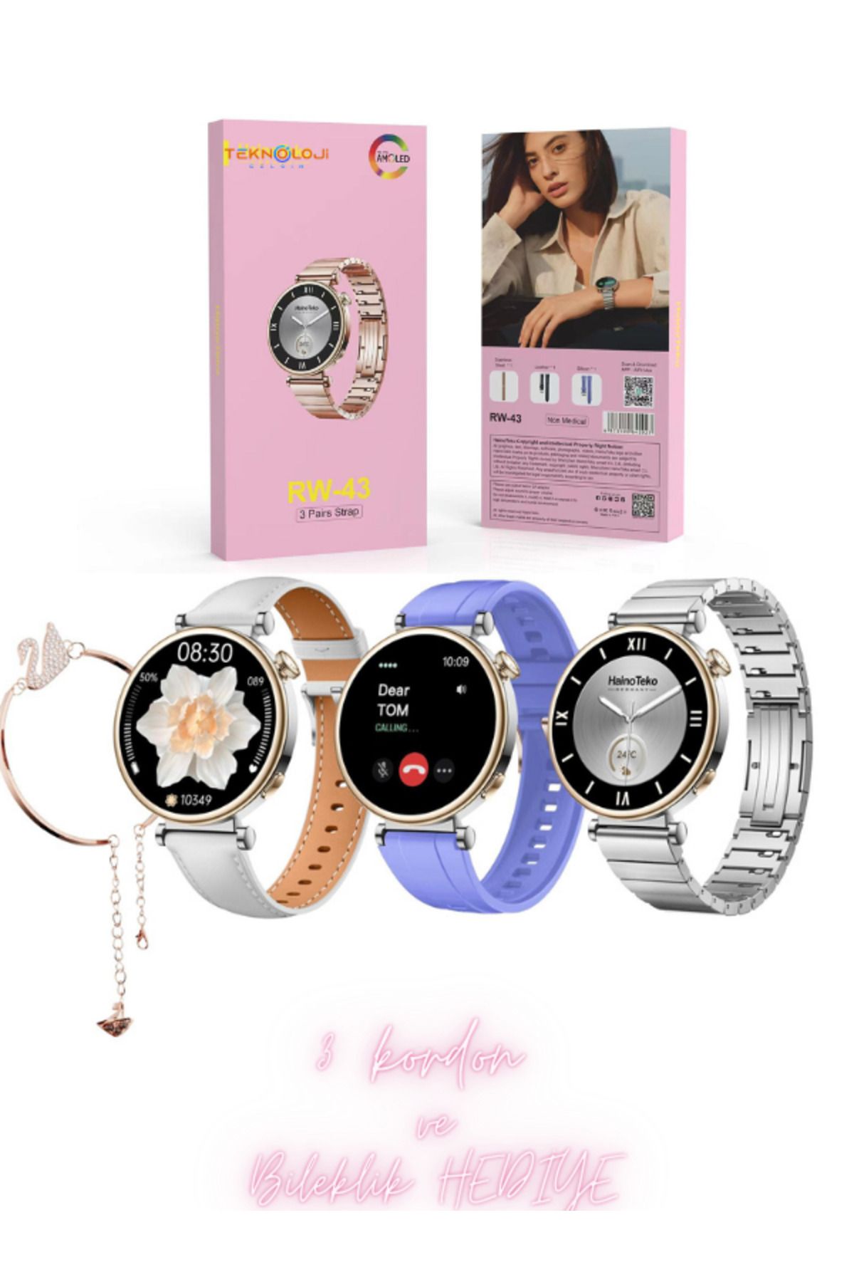 Teknoloji Gelsin Smart Watch Kadın Akıllı Saat Türkçe Menü Amoled Ekran 3 Kordon ve Bileklik Hediye IosveAndroid Uyum