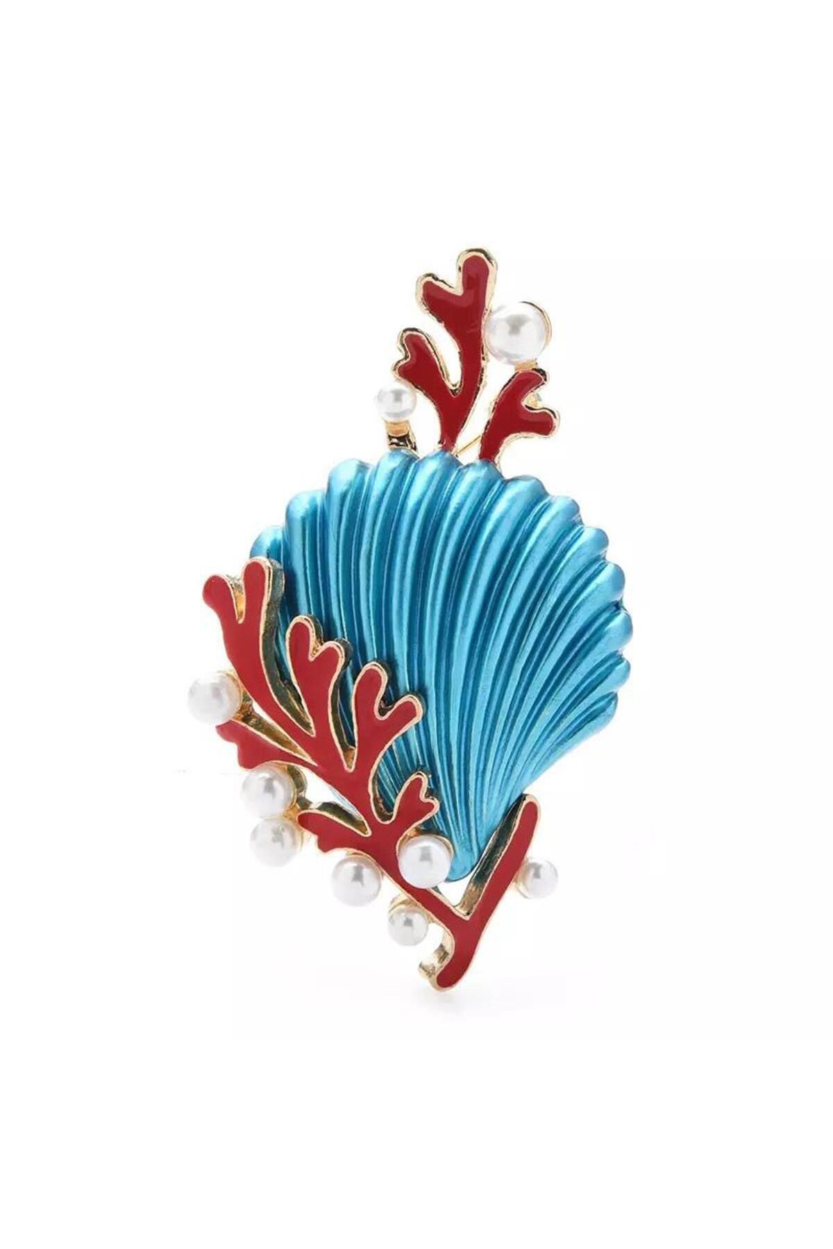 Pelin Aksesuar Kırmızı Mercan Mavi Midye Broş