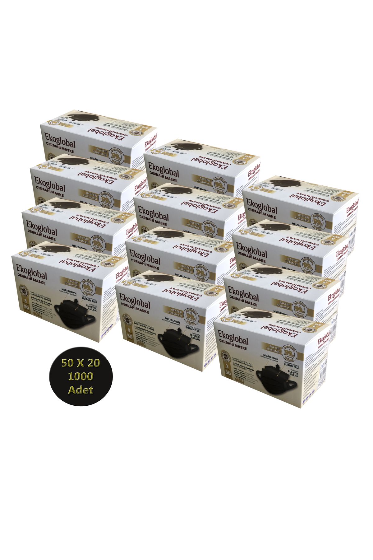 ekoglobal Yumuşak Elastik Kulaklı Maske 50'li 20 Paket 1000 Adet (Siyah)
