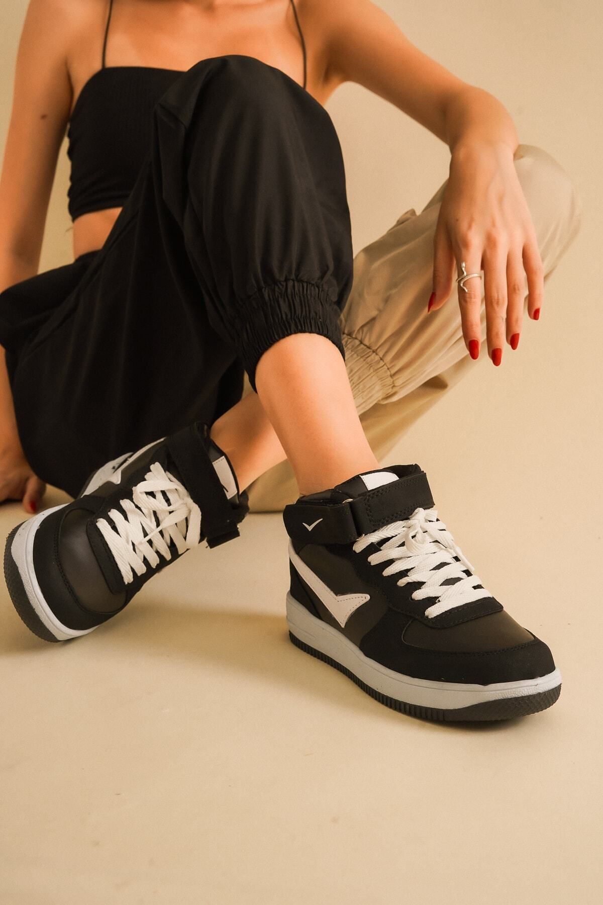 McDark Unisex Siyah Beyaz Uzun Bilekli Sneaker Spor Ayakkabı