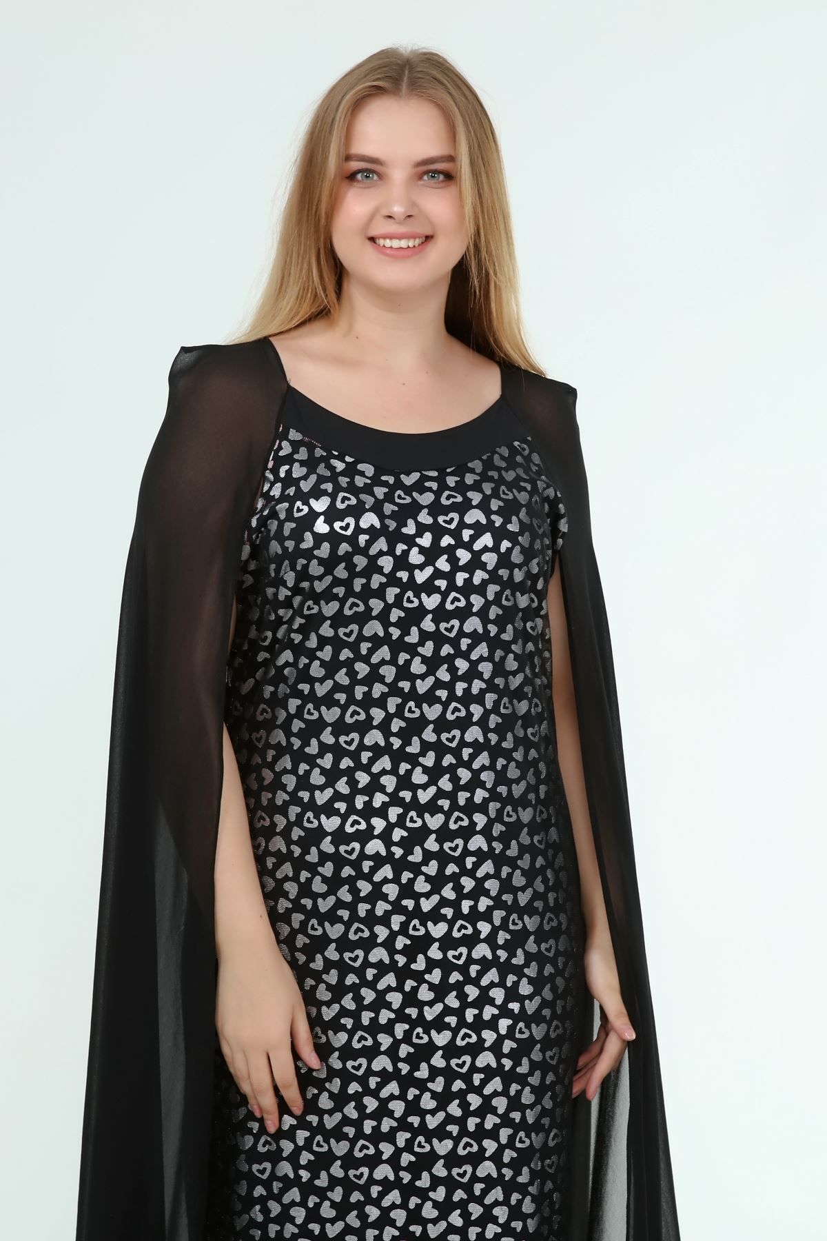 Modayız Kadın Büyük Beden Siyah Desenli Pelerinli Gece Elbise A1-4050