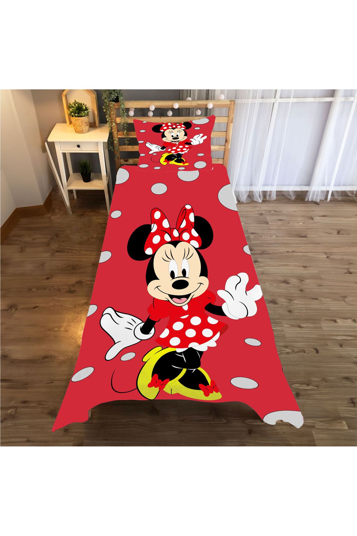 Evan Home kırmızı Minnie Mouse Desenli Yatak örtüsü ve yastık kılıfı 2li takımı
