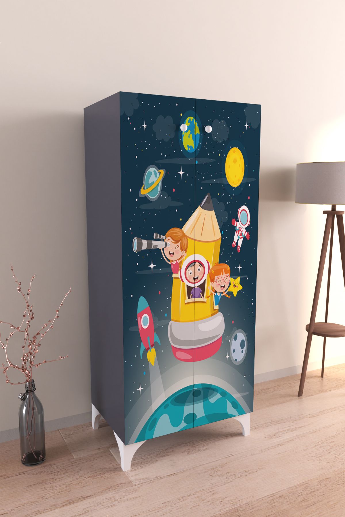 Hediyeler Kapında Uzay Temalı Çocuk Odası Dolap 3 Raflı Çok Amaçlı Baskılı Oyuncak Dolabı