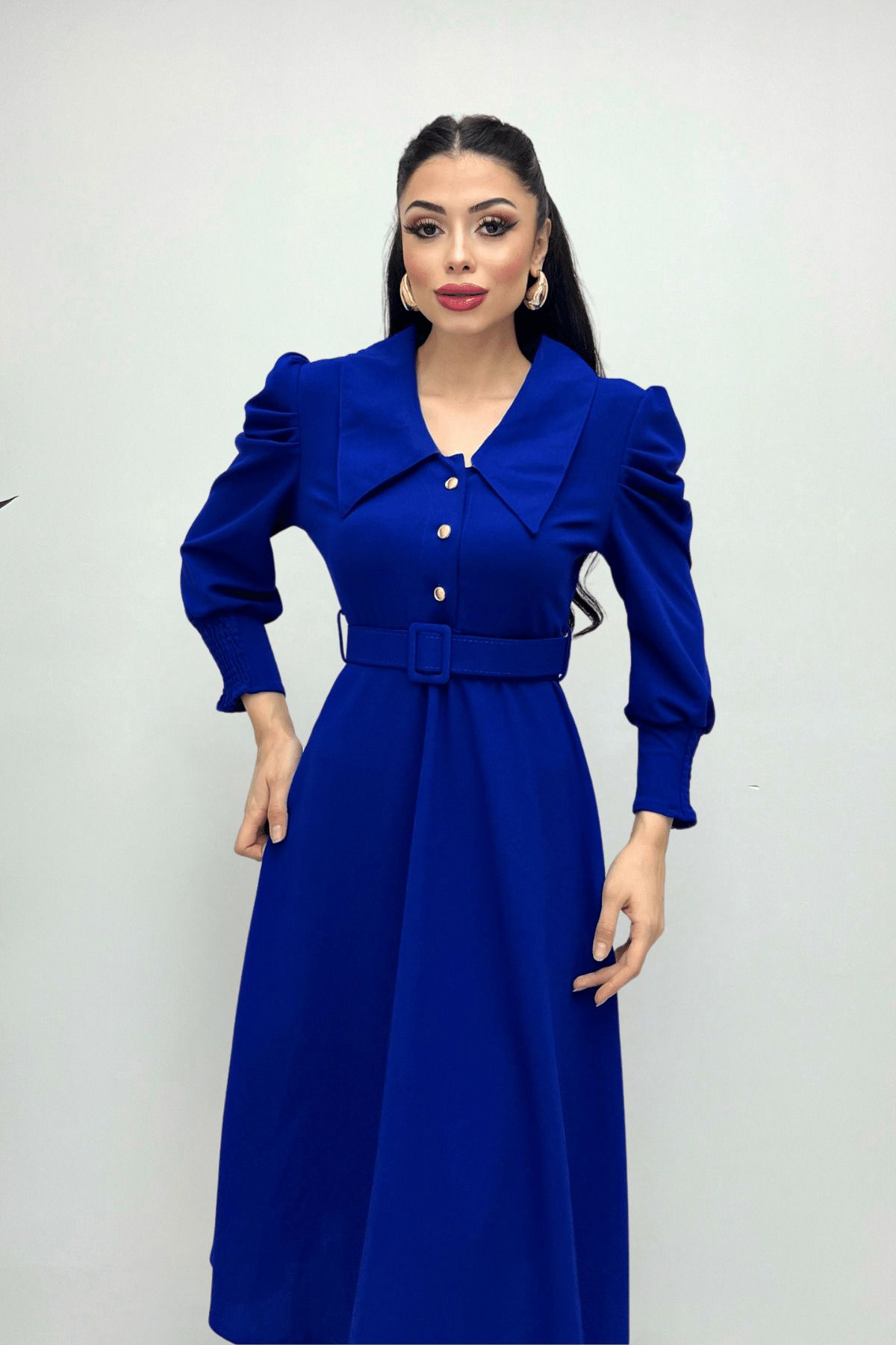 giyimmasalı Krep Kumaş Yaka Detaylı Midi Elbise - SAKS MAVİ