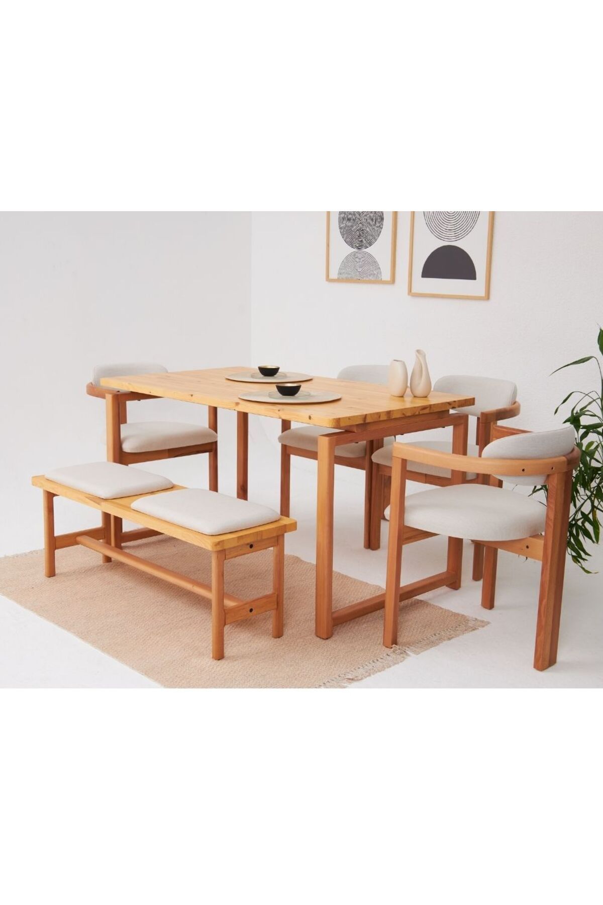 Genel Markalar Cheri İskandinav 4 Sandalye 1 Bench 1 Masa Doğal Masif Yemek Mutfak Masa Takımı El İşçiliği