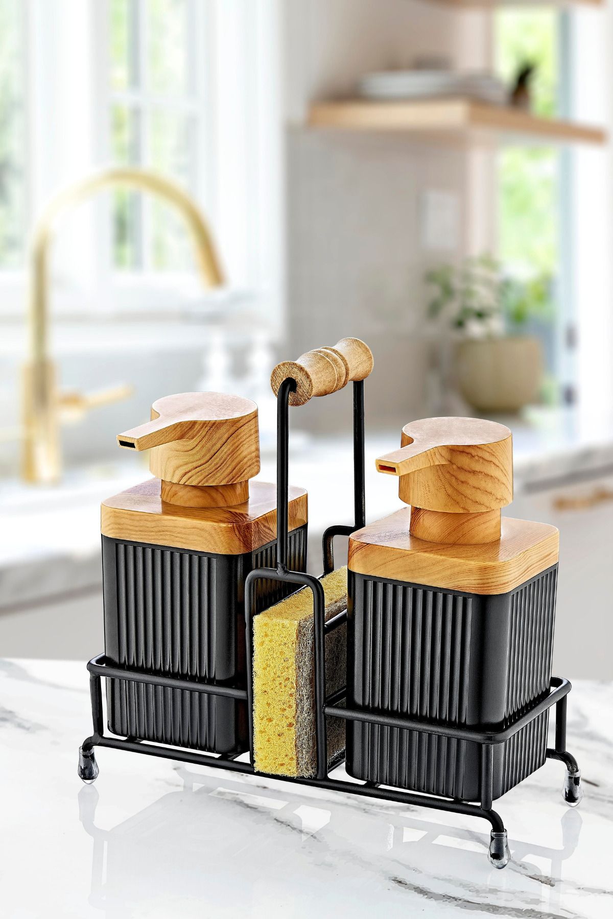 Muyika Design Metal Standlı Ahşap Detaylı Bulaşık Deterjanı ve Sıvı Sabunluk Mutfak Seti-Sünger Hediyeli