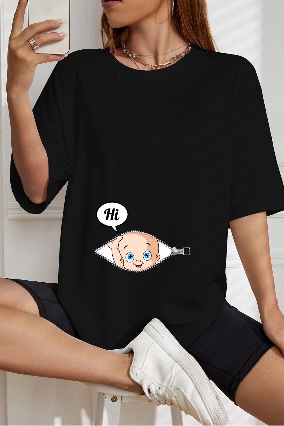 AMMA Kadın Bebek Hi Baskılı Oversize %100 Pamuk Hamile T-shirt