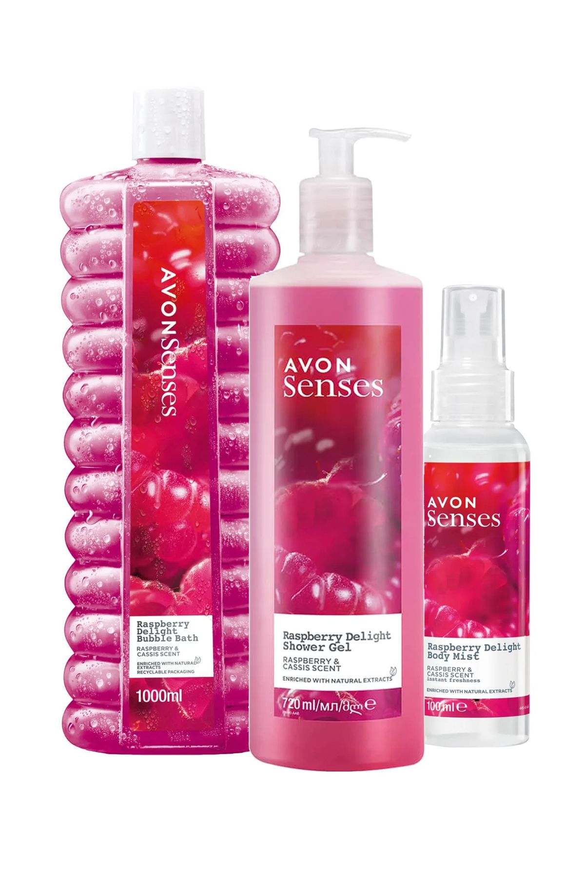 Avon Senses Ahududu ve Frenk Üzümü Kokulu Duş Jeli, Banyo Köpüğü ve Vücut Spreyi Paketi