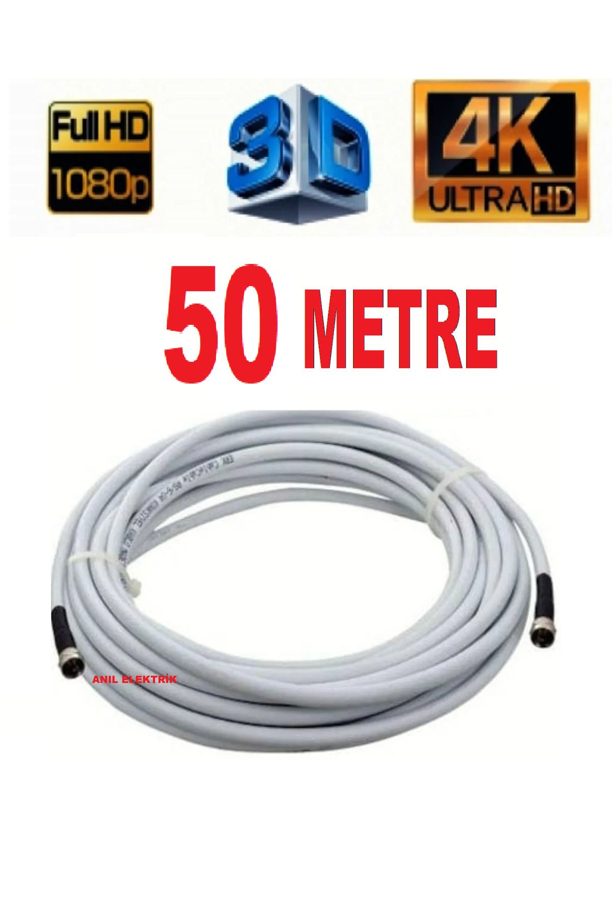 nelerbulurum 50 METRE Rg6/u4 Full Hd 3d 4k Anten Tv Çanak Uydu Lnb Kablosu (10mt.f Konnektör Takılı Hazır )