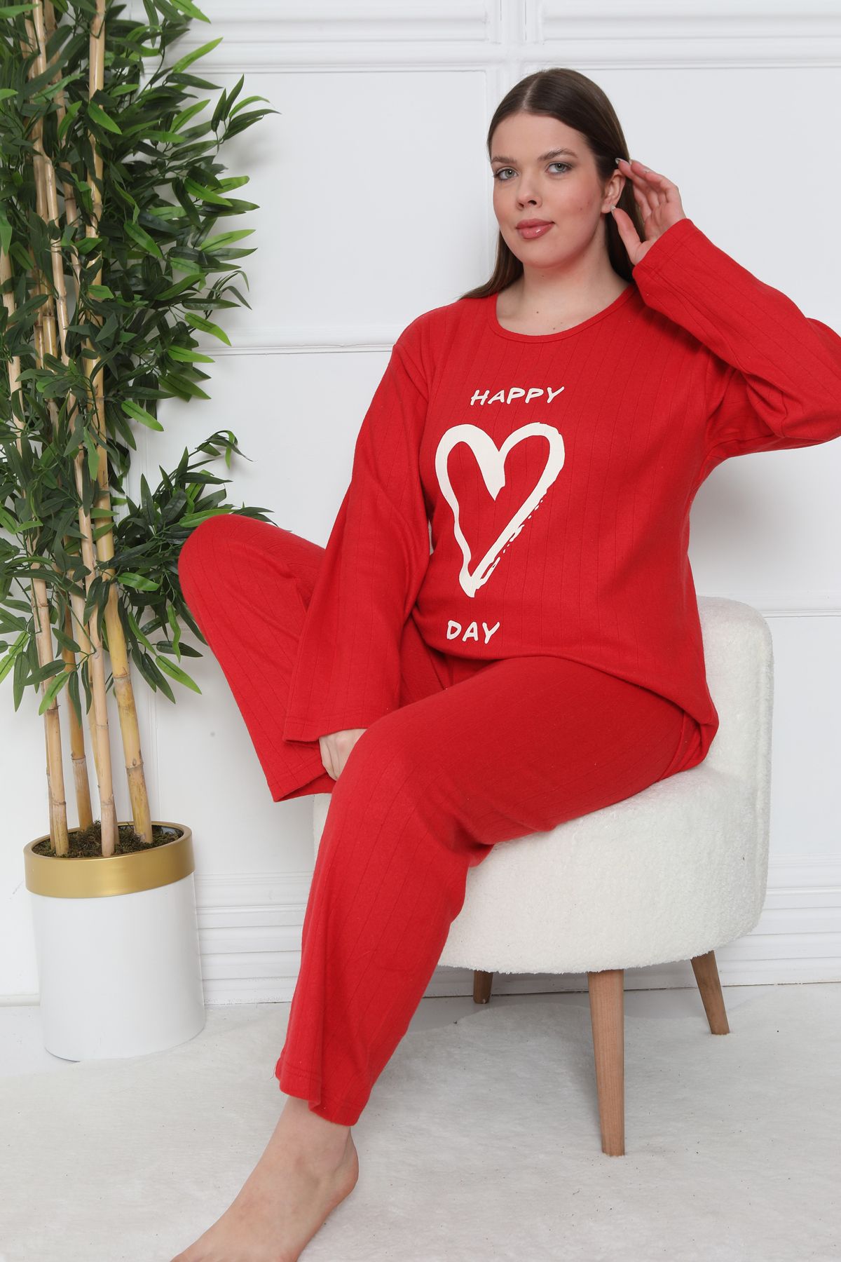FAMES PİJAMA Kalp Detay Büyük Beden Kadın Pijama Takımı ( BATTAL BOY)
