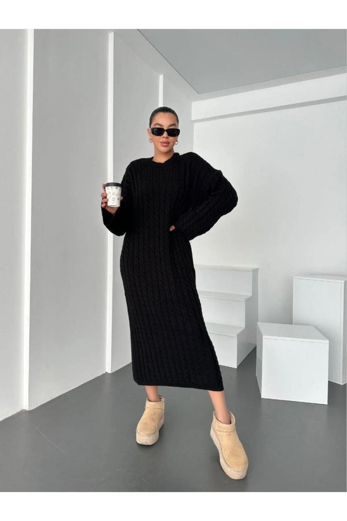 Pulli Collection Taş Rengi Bisiklet Yaka Örgü Desen Uzun Triko Elbise