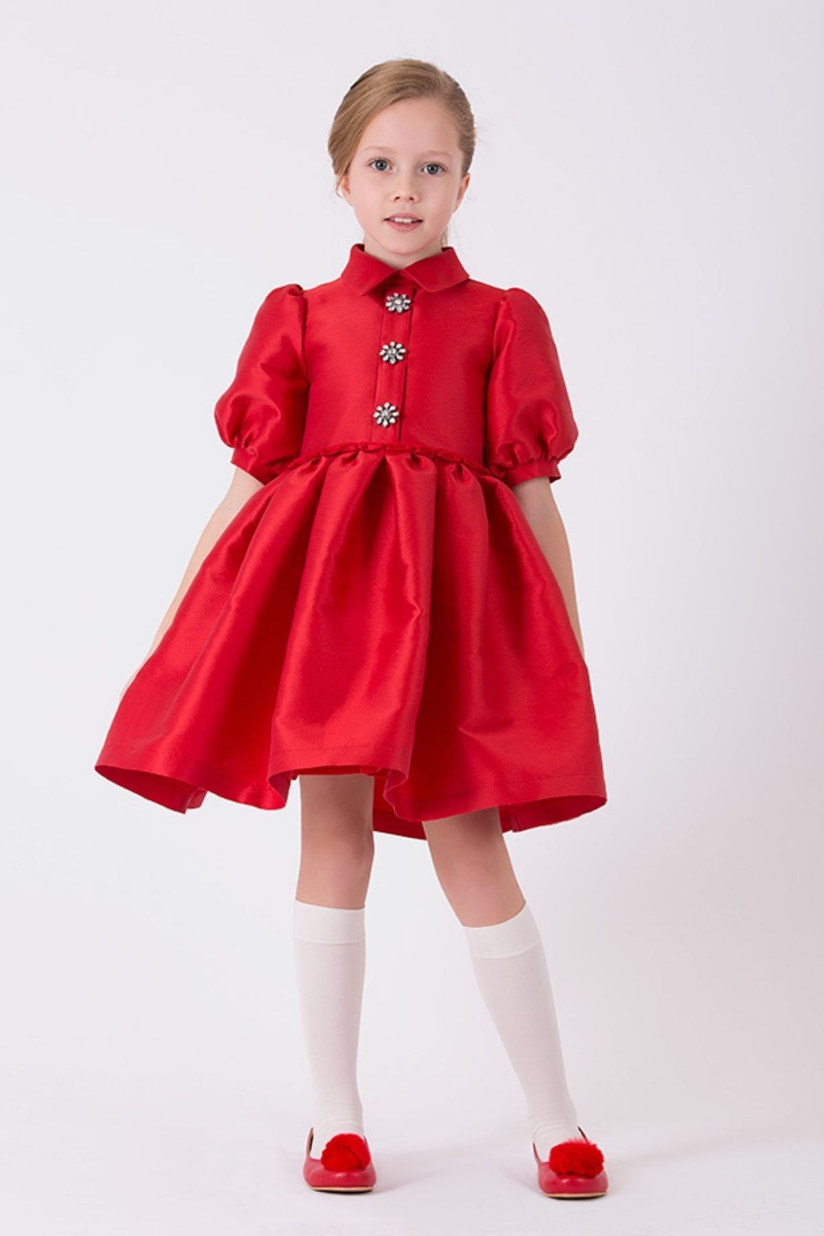 Goose Kız Çocuk Balon Kollu Önü Taşlı Kabarık Etekli Pilikaşe Kırmızı Elbise