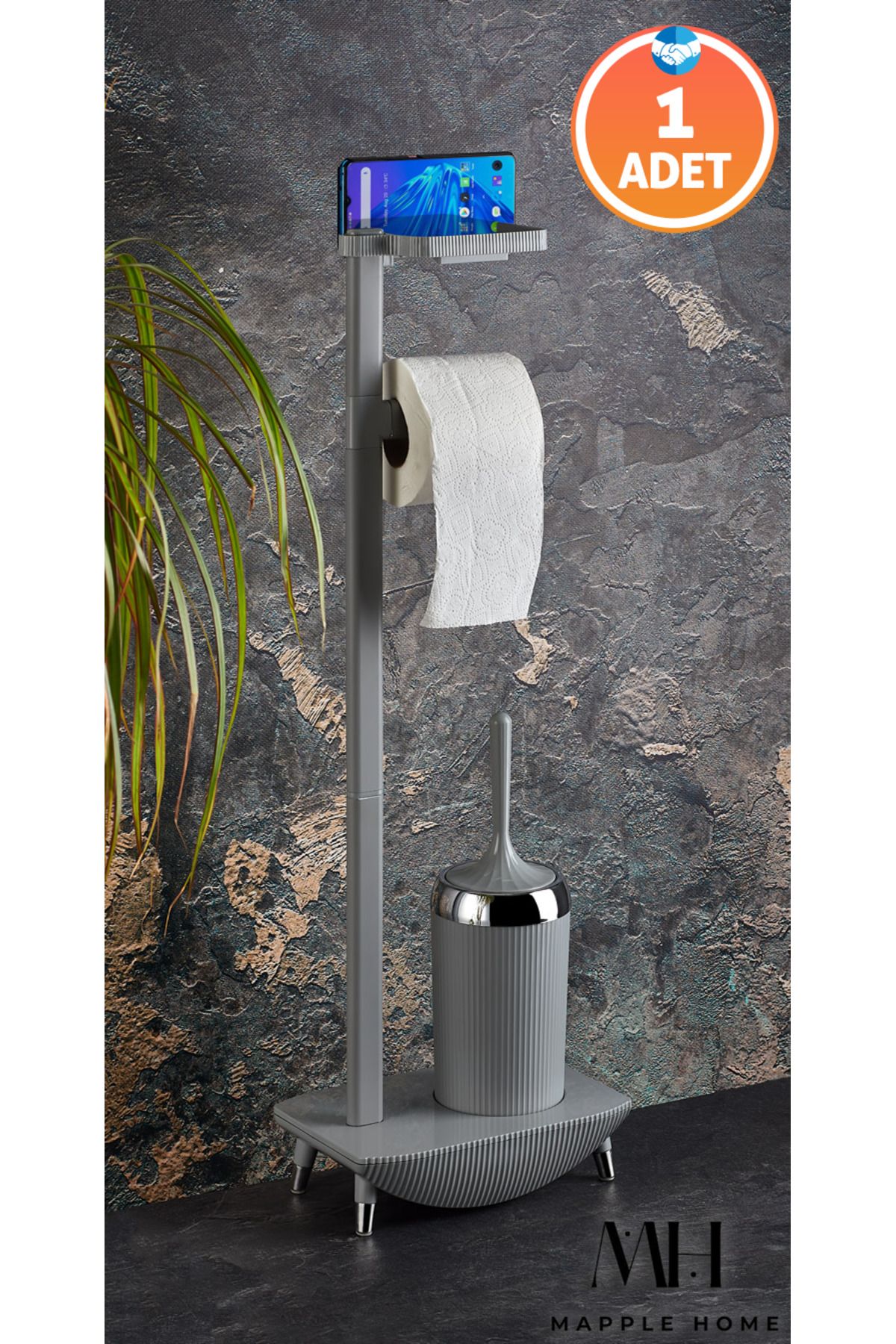 Mapple Home Ayaklı Wc Set Tuvalet Fırçalı Alüminyum Kaplamalı Silikon Fırçalı Telefon Tutuculu Banyo Seti Gri