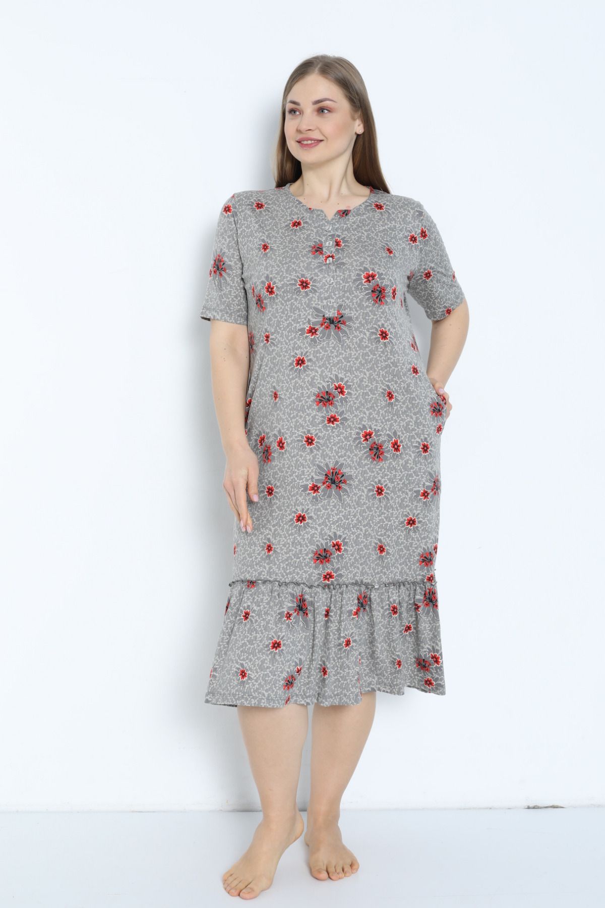 İntensive çiçek desenli kısa kollu cepli düğmeli eteği büzgü detaylı büyük beden elbise