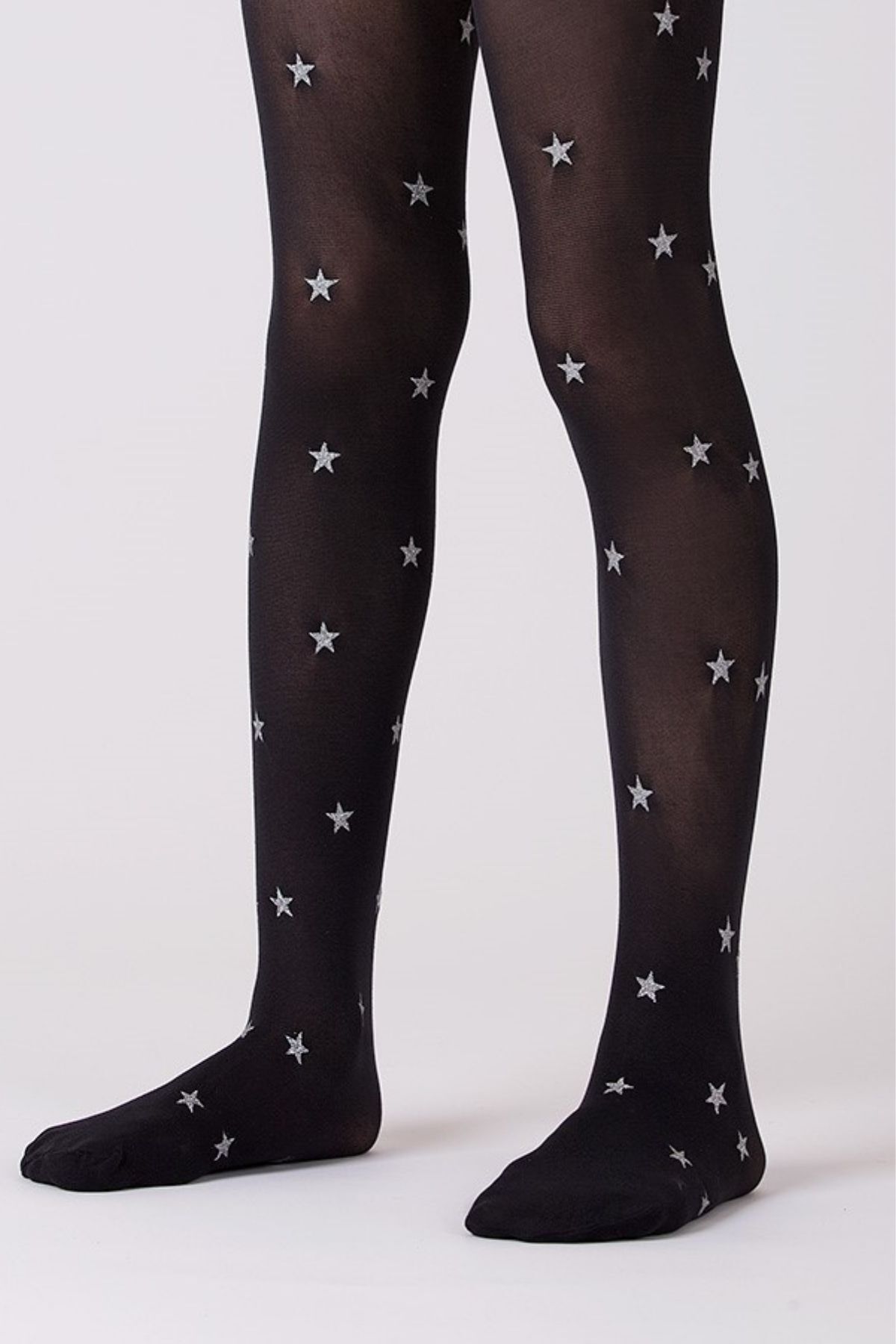 Goose Gümüş Yıldız Desenli Siyah Kız Çocuk Külotlu Çorap