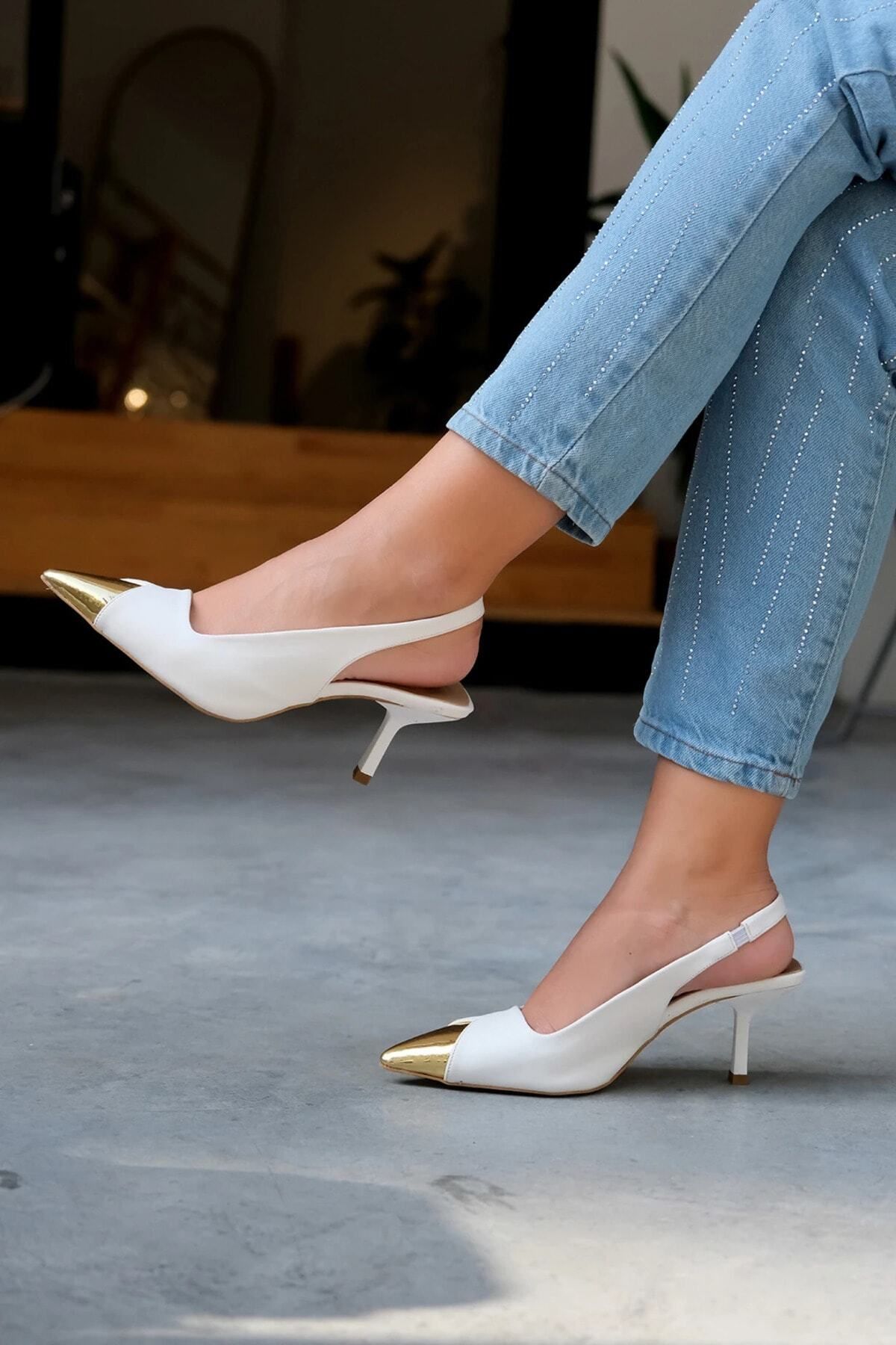 LAMİNTA Hena Beyaz Deri Gold Detaylı Kadın Topuklu Ayakkabı