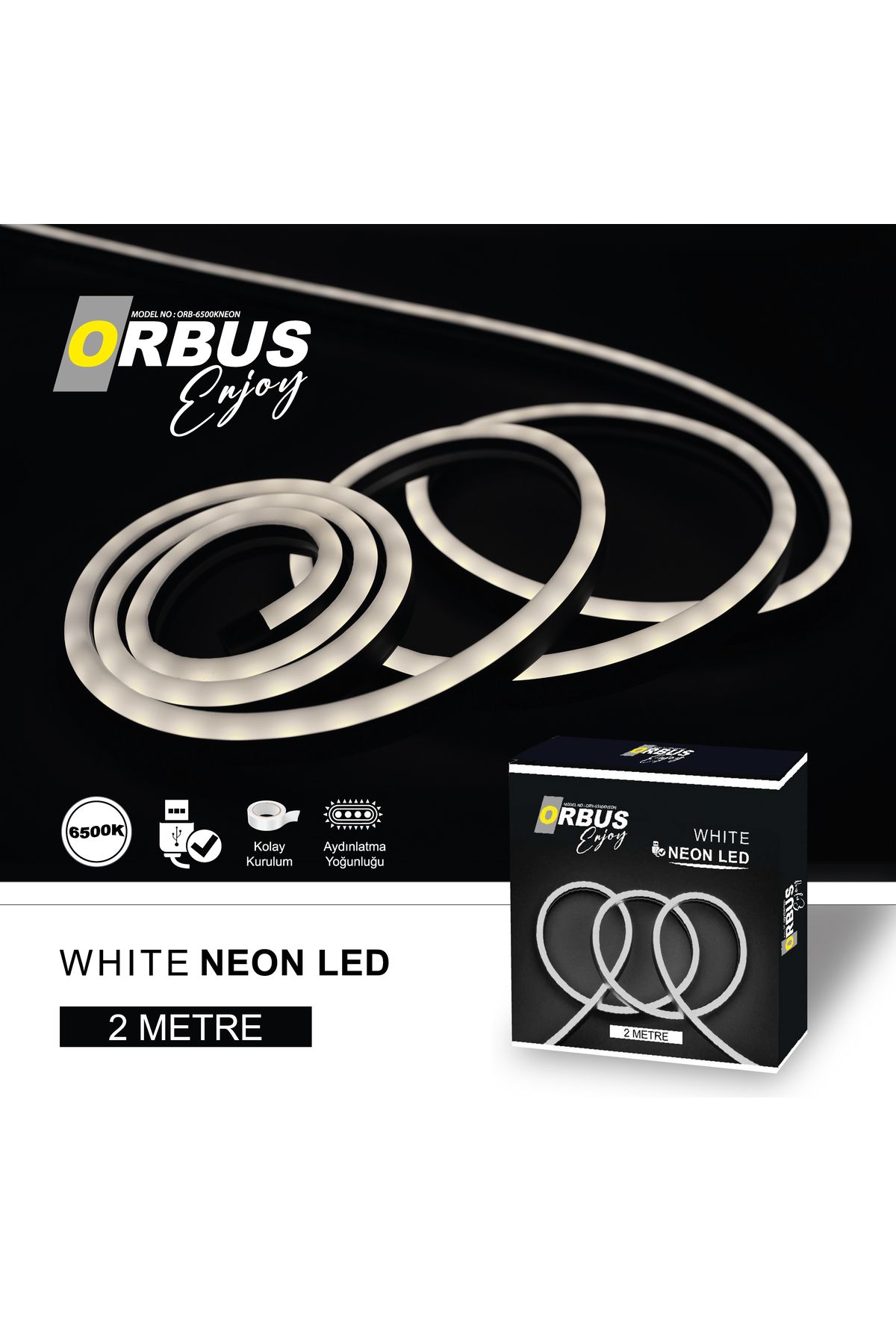ORBUS Neon Şerit Led 6500K BEYAZ 2 Metre USB'li