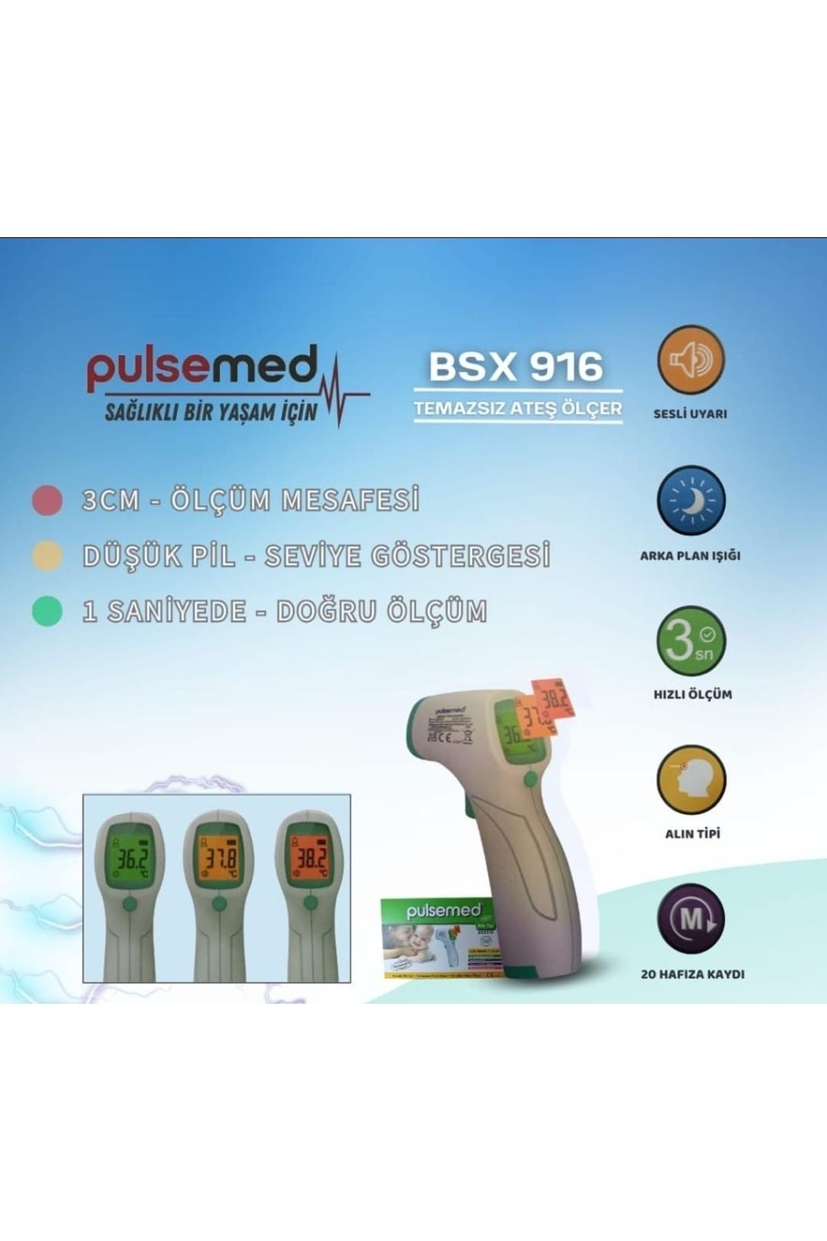 Pulsemed Renkli Ekran Temassız Kızılötesi Ateş Ölçer Bsx916