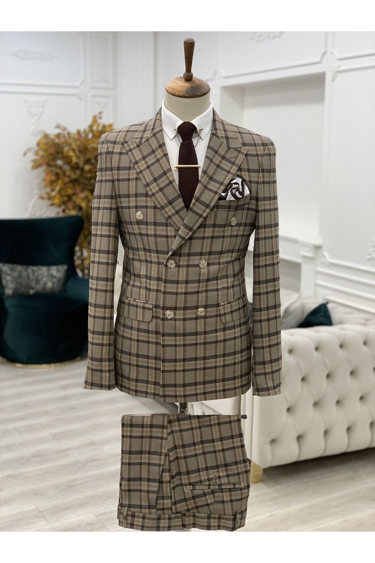 LONATOLİA Erkek Ekoseli Kruvaze Takım Elbise İtalyan Kesim Slim Fit Ceket Pantolon-Kahve