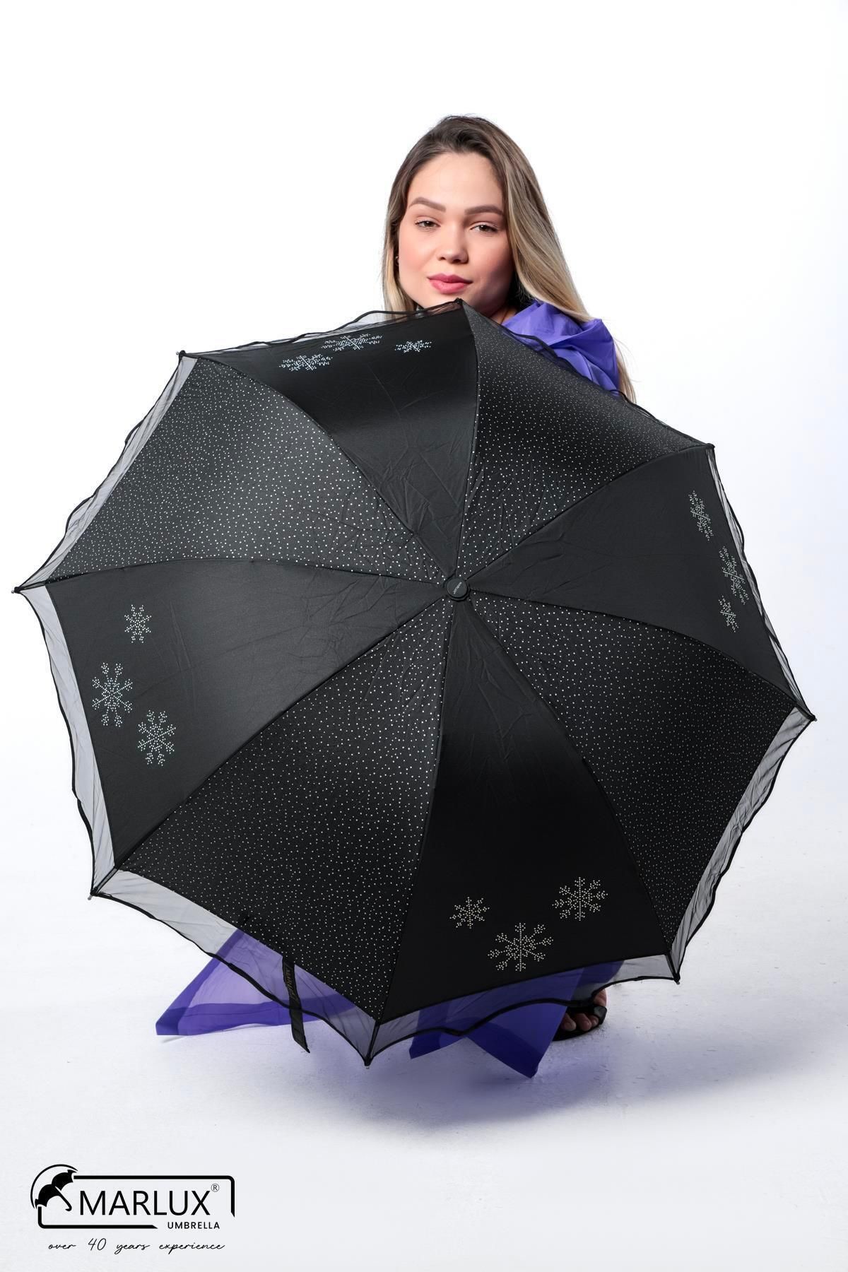 Marlux Siyah Kar Tanesi Taş Işlemeli Kadın Şemsiye M21mar382snr001