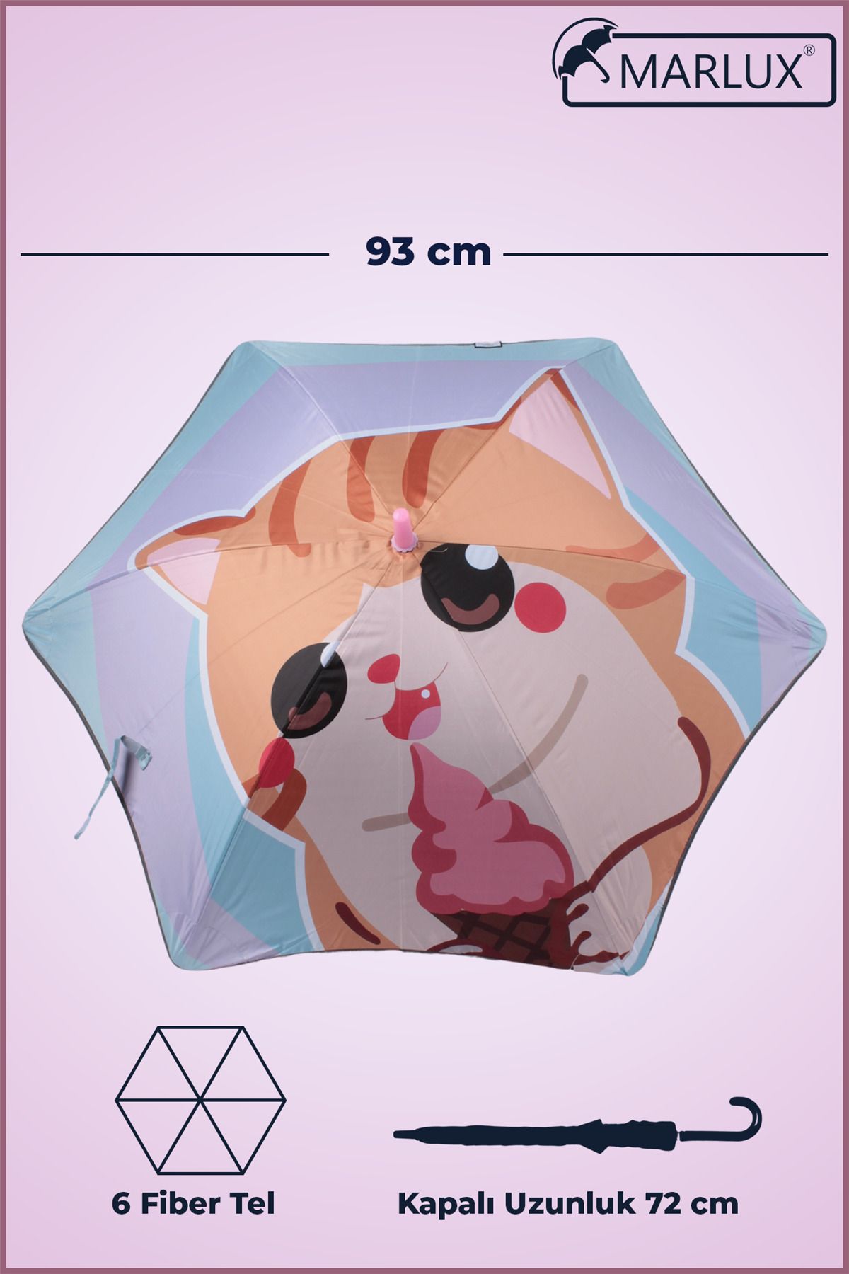 Marlux Fiber 6 Telli Dayanıklı Özel Tasarım Çocuk Şemsiyesi Dondurma Yiyen Kedi Desenli Mar1099
