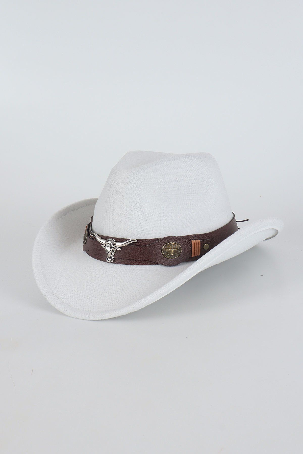 Kapin Kovboy Deri Detaylı Fötr Şapka - Beyaz