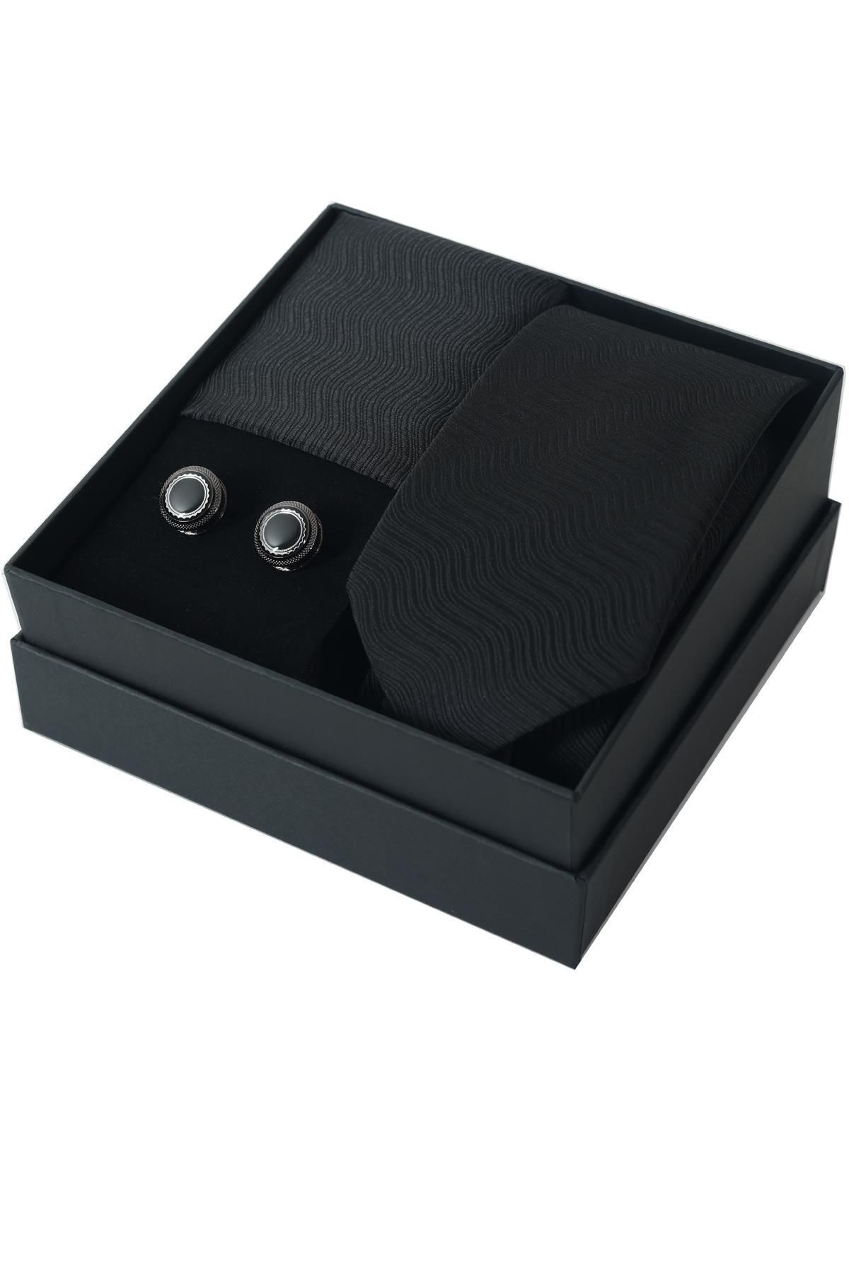 Esgue Füme-Siyah Kol Düğmesi Hand Made Siyah Desenli 7.5 cm Kravat Mendil Kutulu Hediye Seti