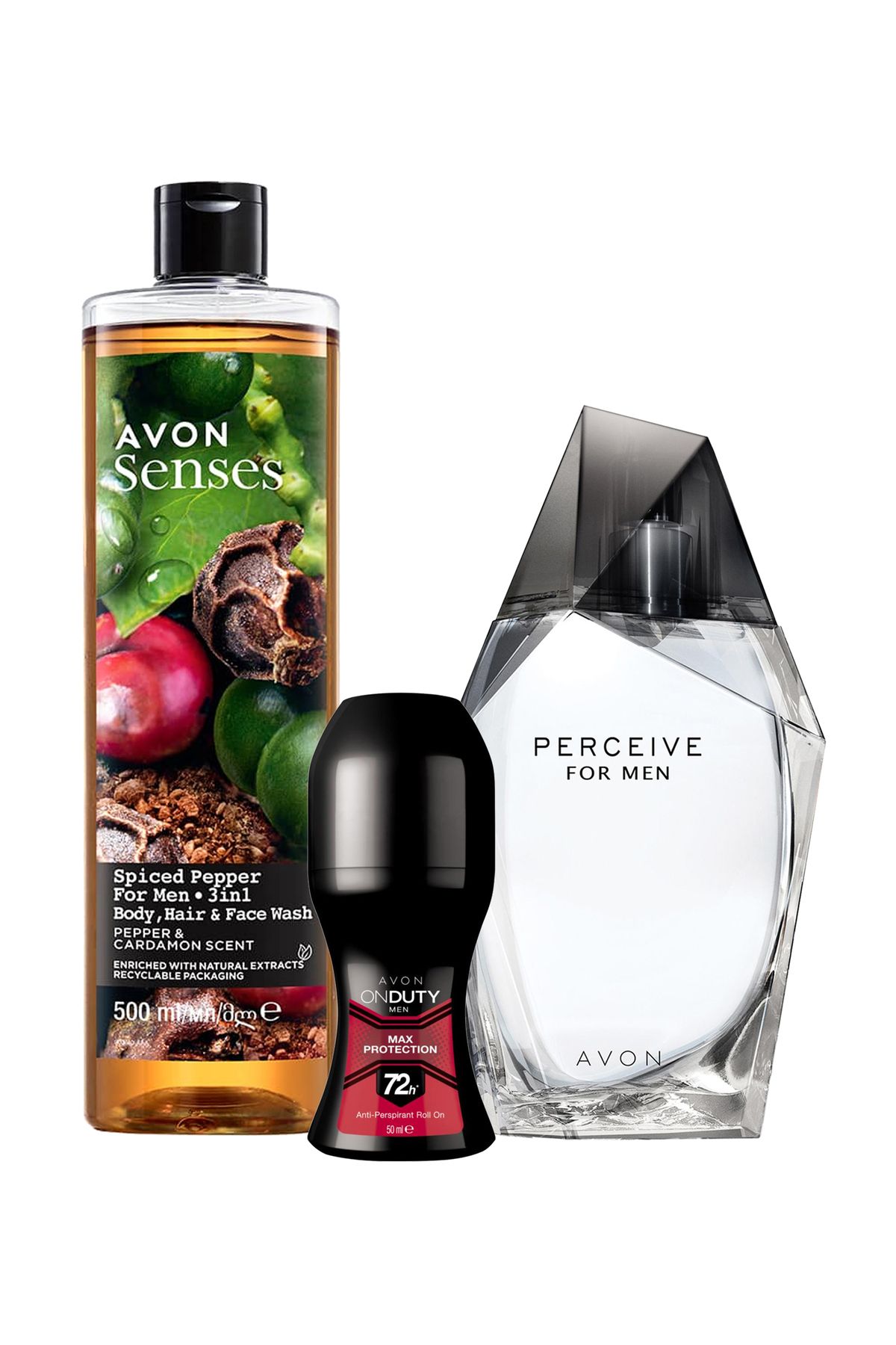 Avon Perceive Erkek Parfüm, OnDuty Erkek Rollon ve Karabiber Kakule Kokulu Duş Jeli Paketi