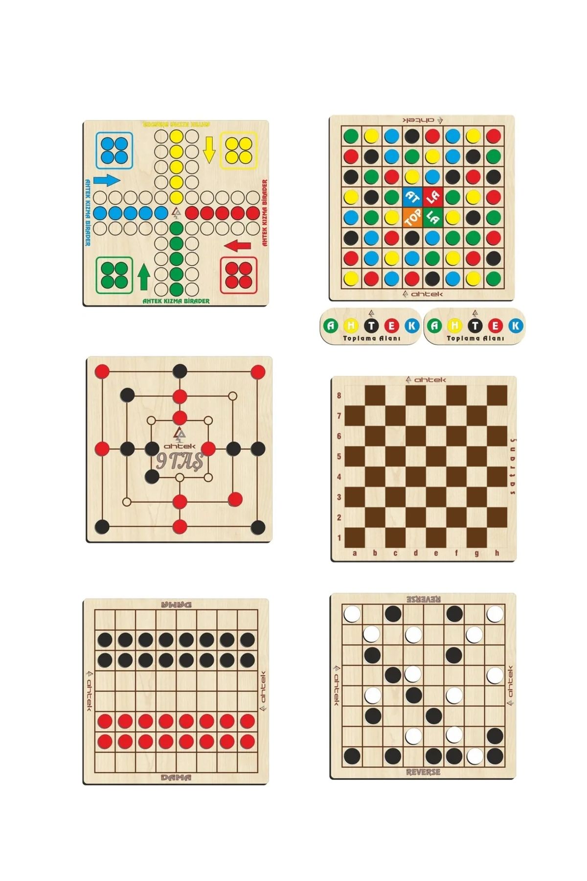 Ahtek Ahşap Zeka Ve Strateji Oyun Seti 6 Li, 9 Taş + Dama + Atla T. + Kızma Birader+ satranç Ve Reversi