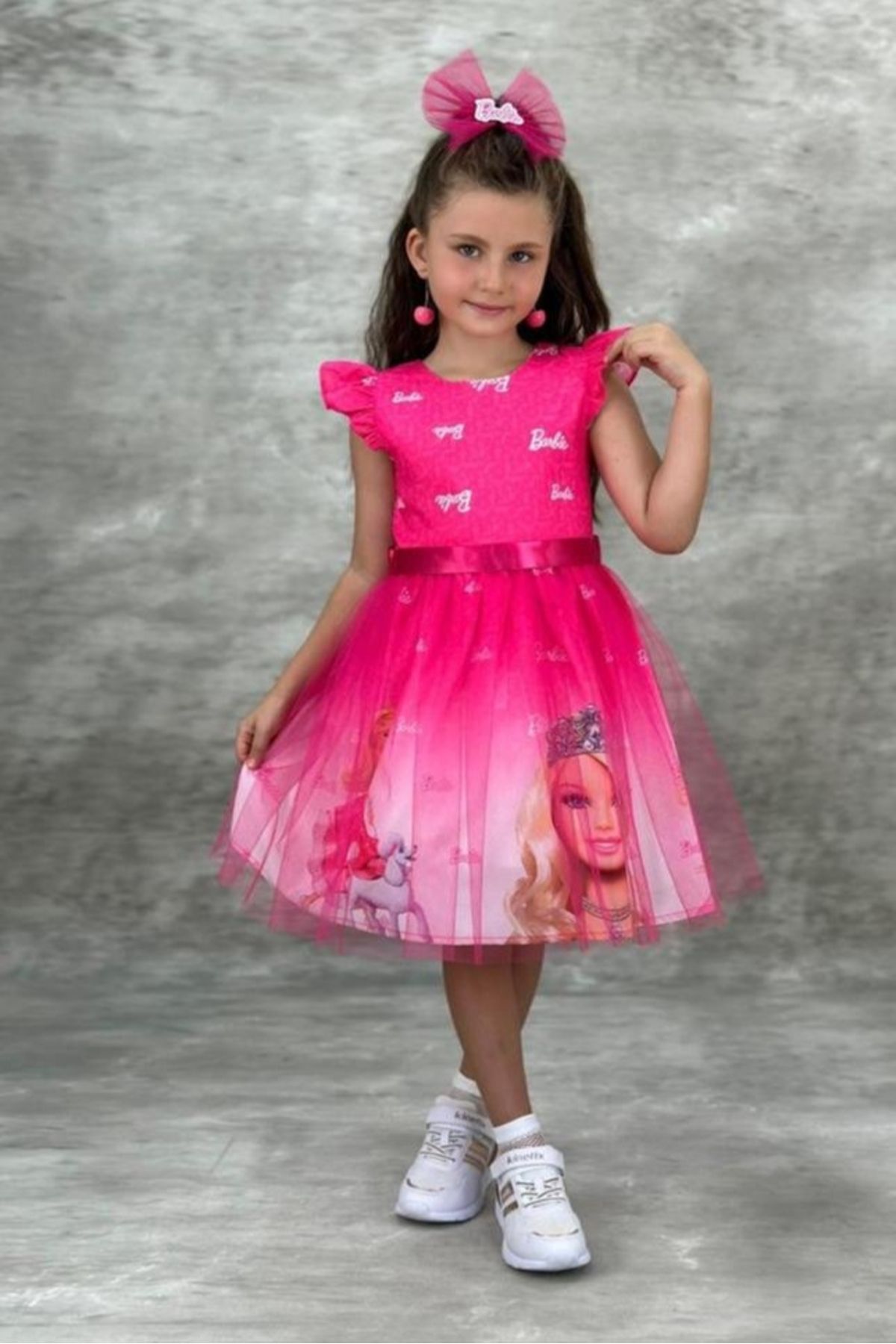ABİYEKİDS Kız Çocuk Pembe Barbie Krep Elbise ABY117