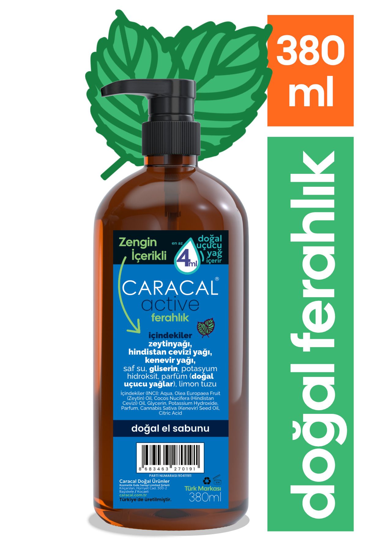 caracal Active Doğal Sıvı Sabun Kenevir Yağı Hindistan Cevizi Yağı Zeytinyağı Nane Egzemalı Hassas Ciltler
