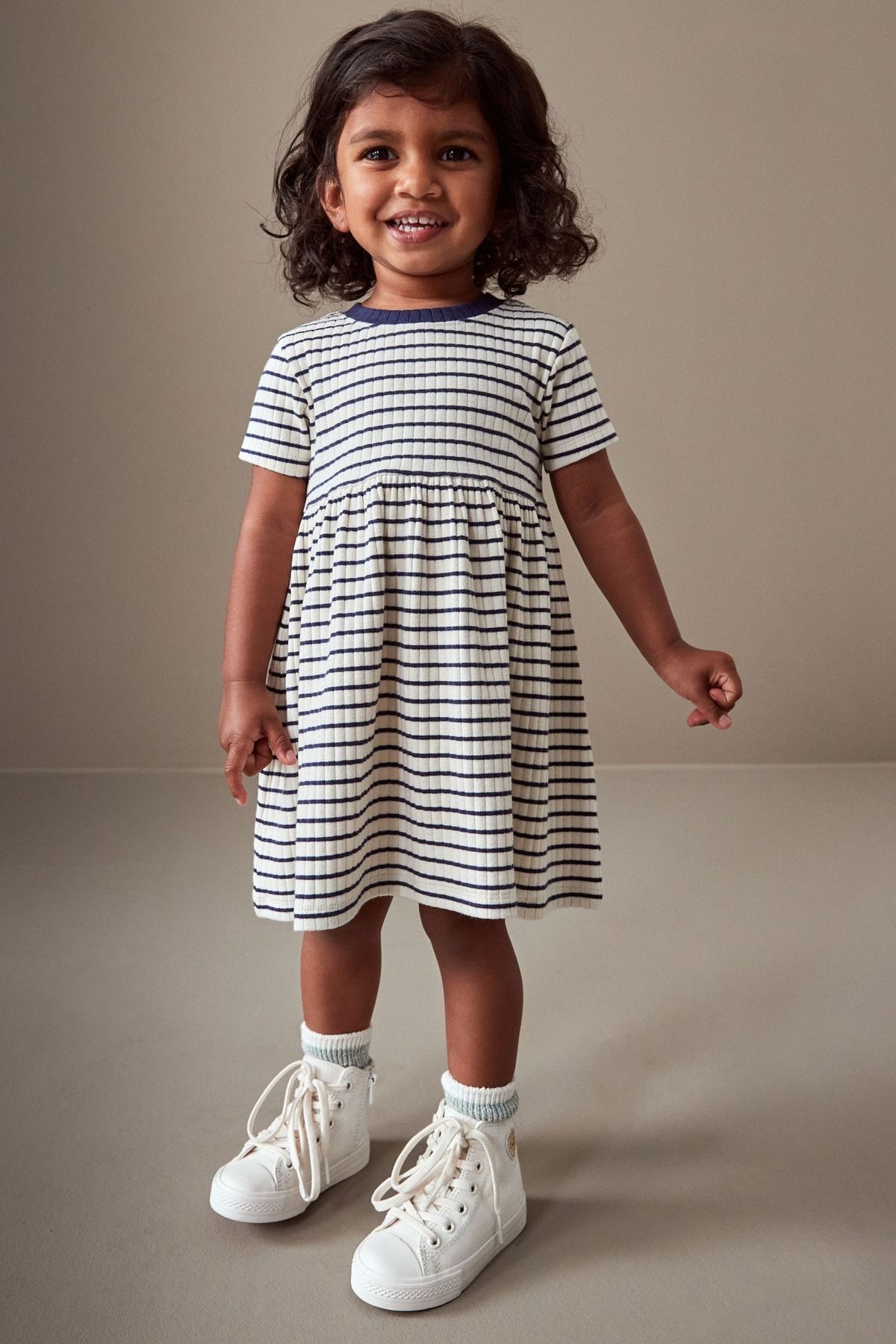 Next Baby % 100 Pamuklu Siyah Beyaz Çizgili Ribanalı Kısa Kollu Jarse Elbise