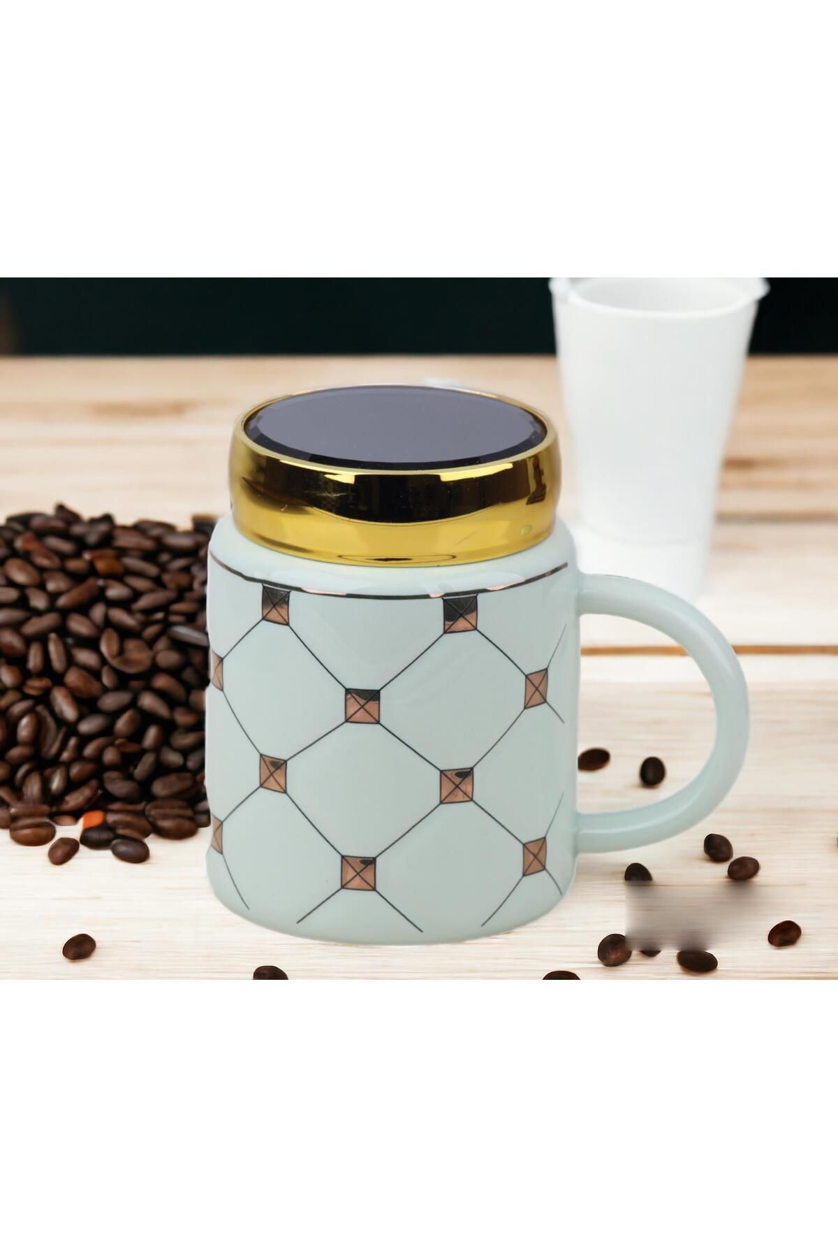 e-life shop Ekose Tasarımlı Aynalı Kapaklı Sıcak Tutan Kupa Bardak Fincan Mug Mini Motivasyon Termos 450 ml.