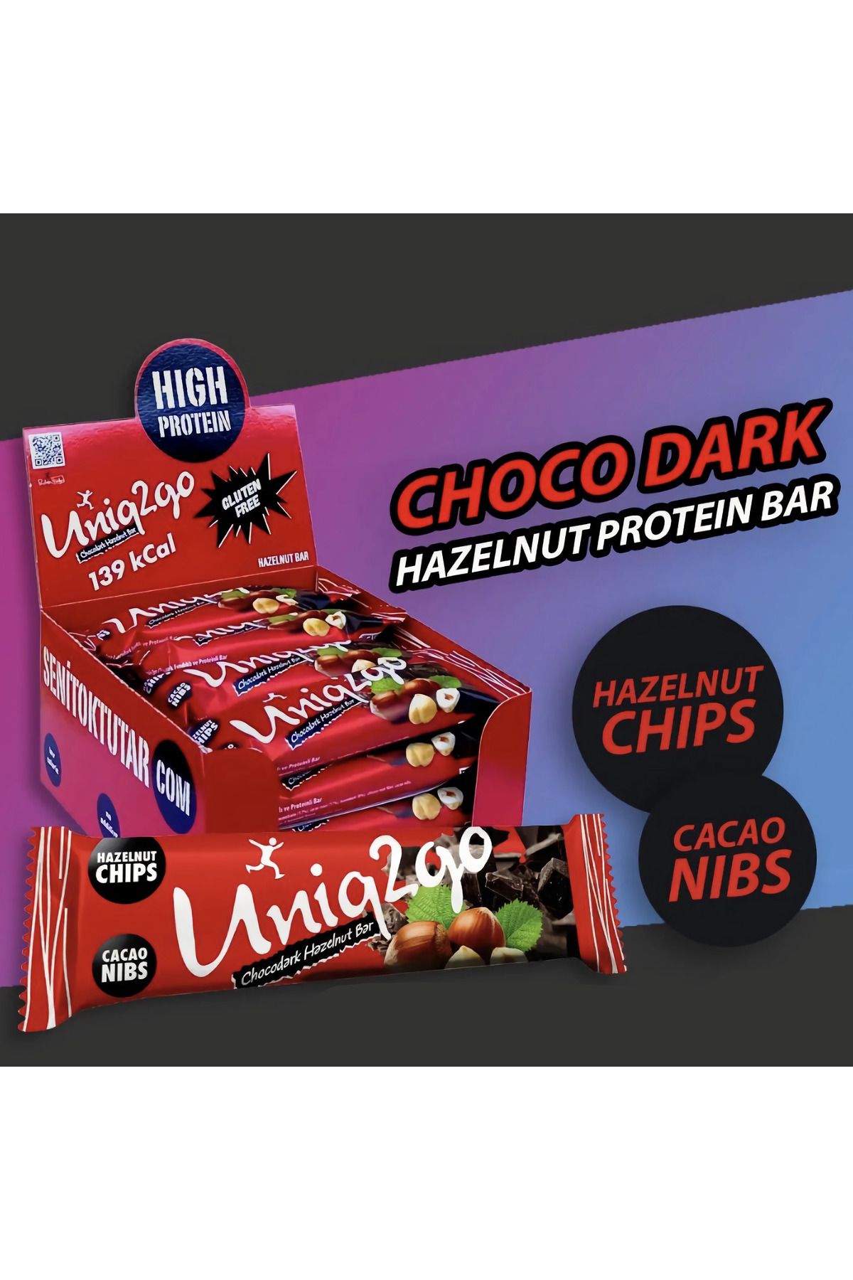 Uniq2go Chocodark Fındıklı Bitter 16’lı Kutu 38g Protein Bar