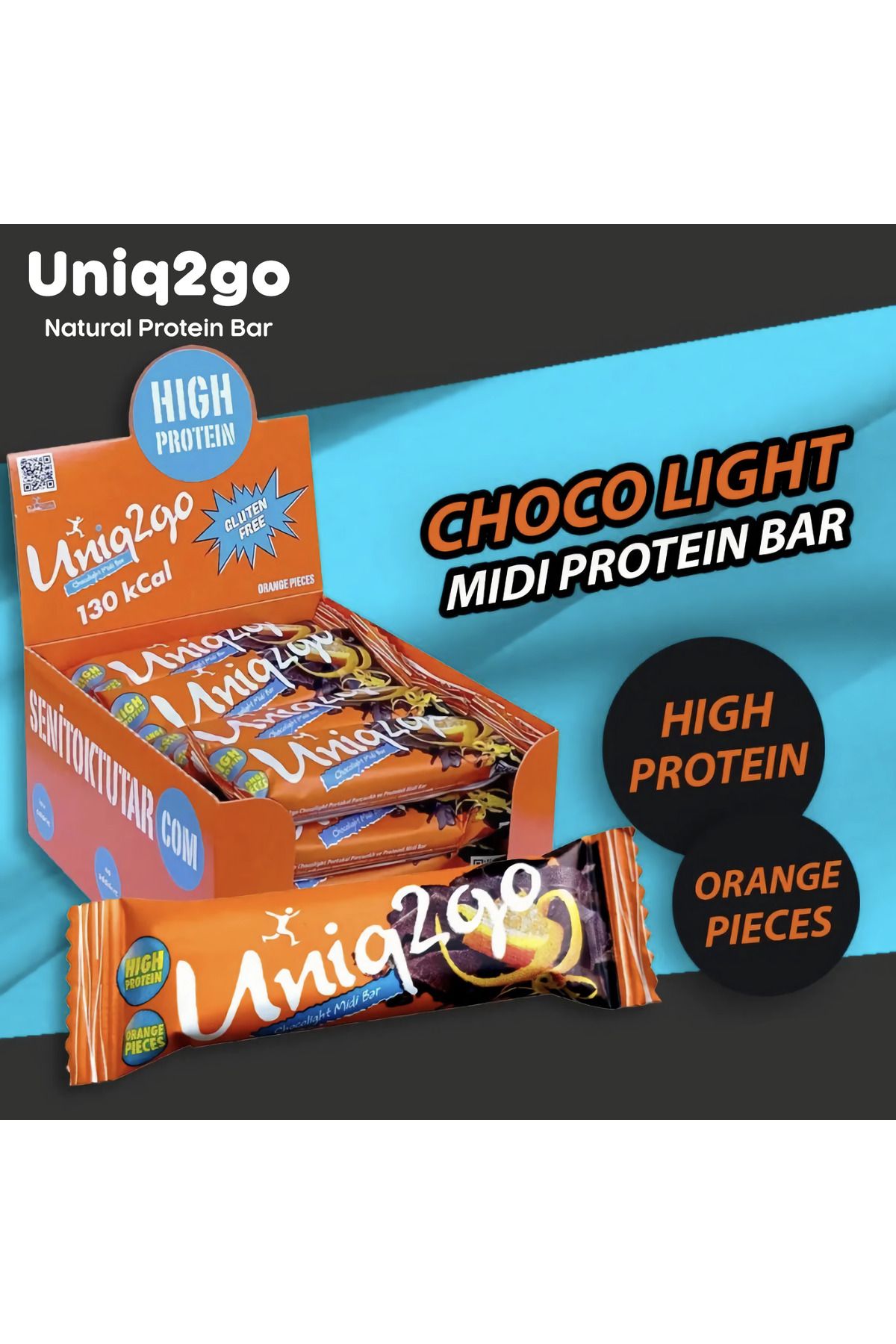 Uniq2go Choco Light Midi 16lı Kutu %100 Naturel Portakal Aromalı Proteinli Bar 40g.