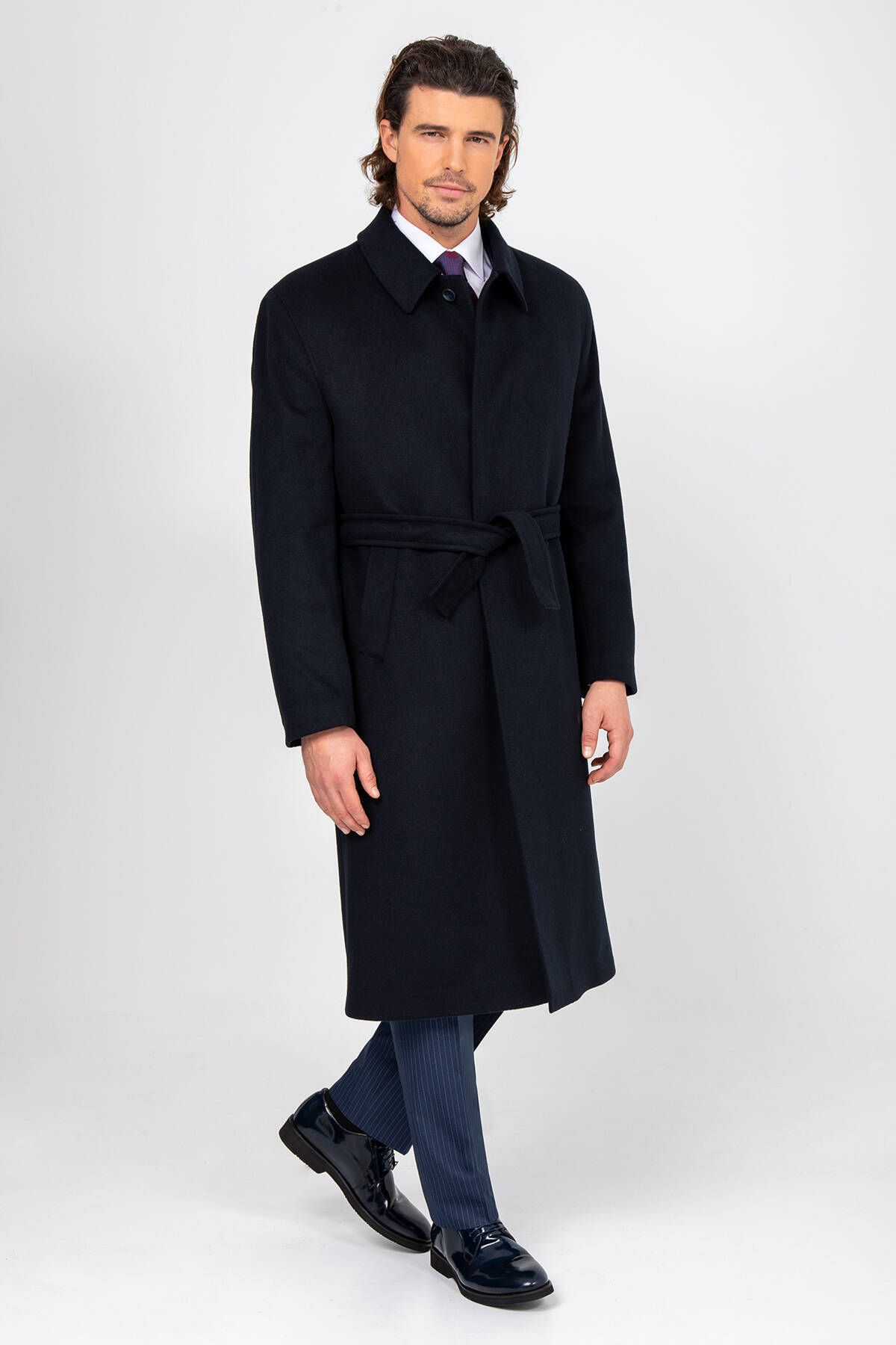 YSF Erkek Lacivert Regular Fit Kaşmir Uzun Kuşaklı Palto
